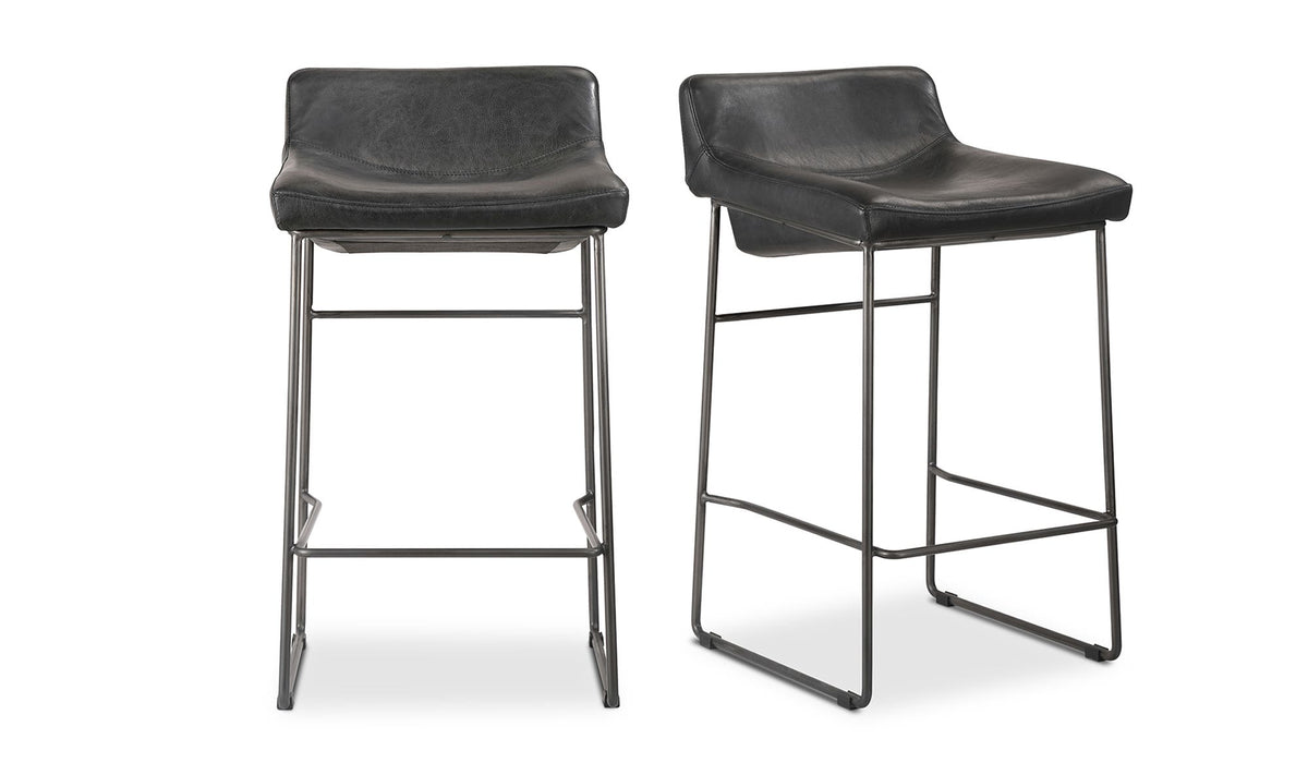 Savoy Counter Stool Set of Two in Onyx Black Leather, top grain leather detail, view 2