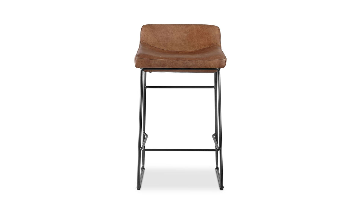 Savoy Counter Stool Set of Two in Open Road Brown Leather, top grain leather, 17" × 20"