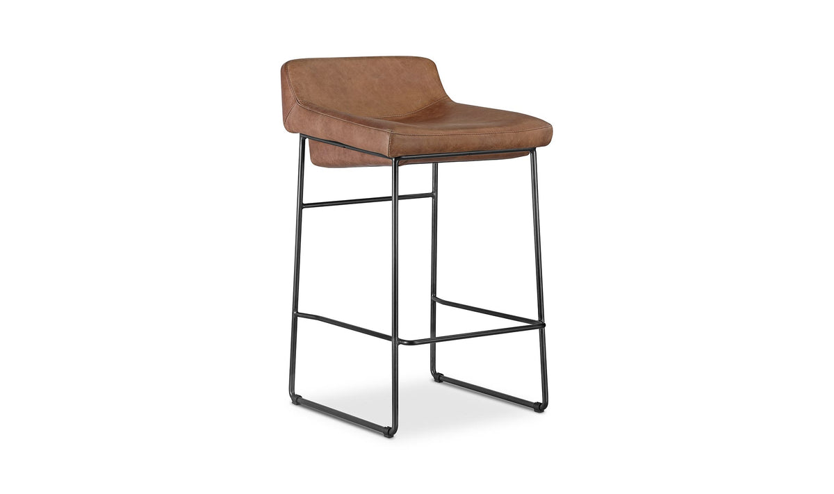 Savoy Counter Stool Set of Two in Open Road Brown Leather, three-quarter view