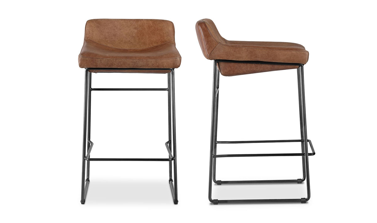 Savoy Counter Stool Set of Two in Open Road Brown Leather, top grain leather detail