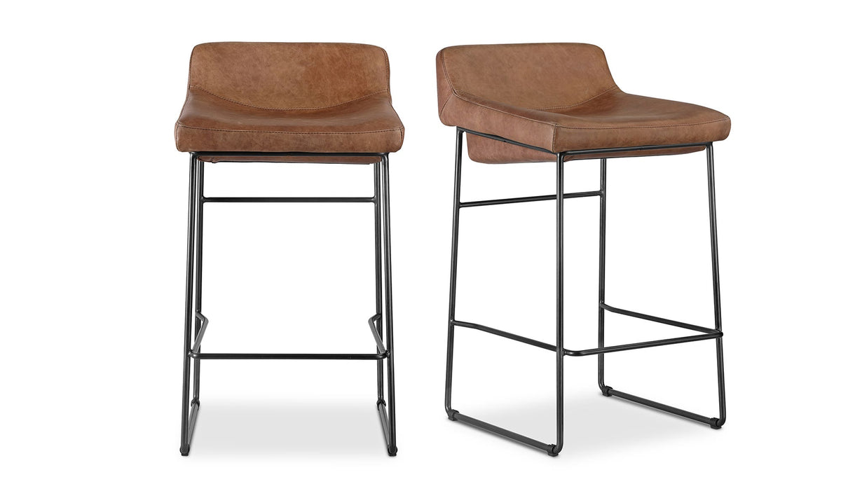 Savoy Counter Stool Set of Two in Open Road Brown Leather, top grain leather detail, view 2