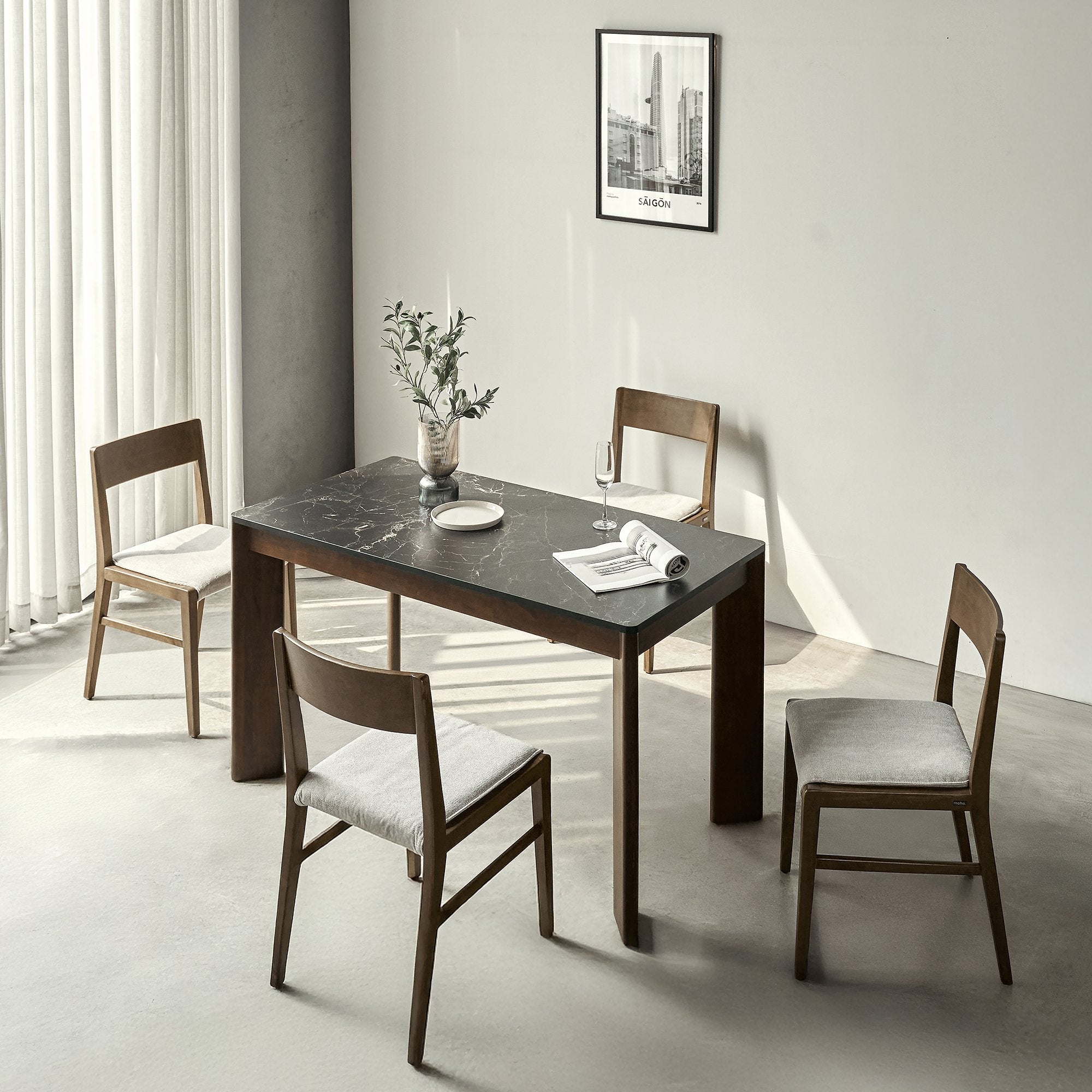 Scania Modern Faux Stone Dining Table Set with Solid Rubberwood Base 140cm