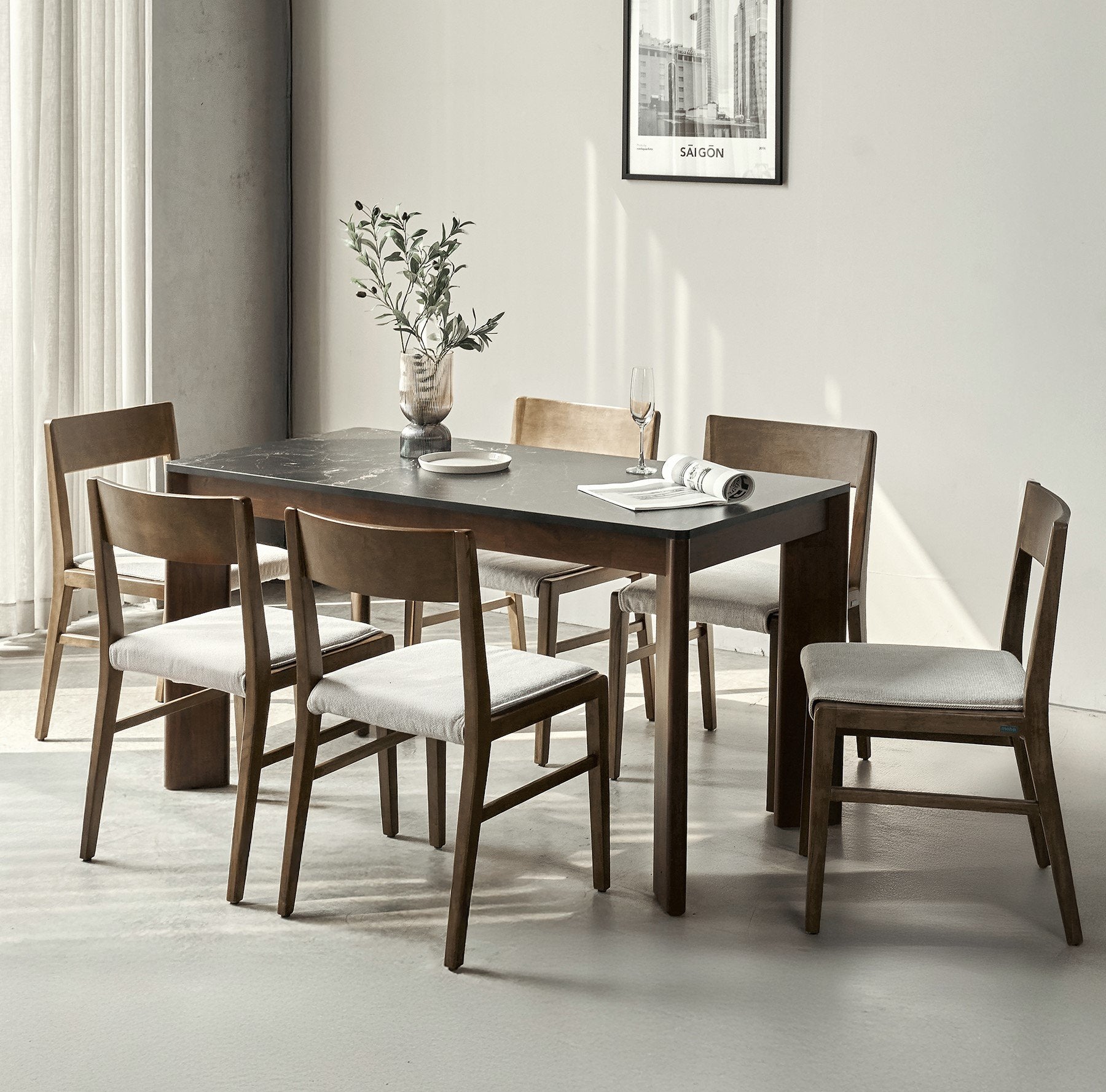 Scania Modern Faux Stone Dining Table Set with Solid Rubberwood Base 140cm