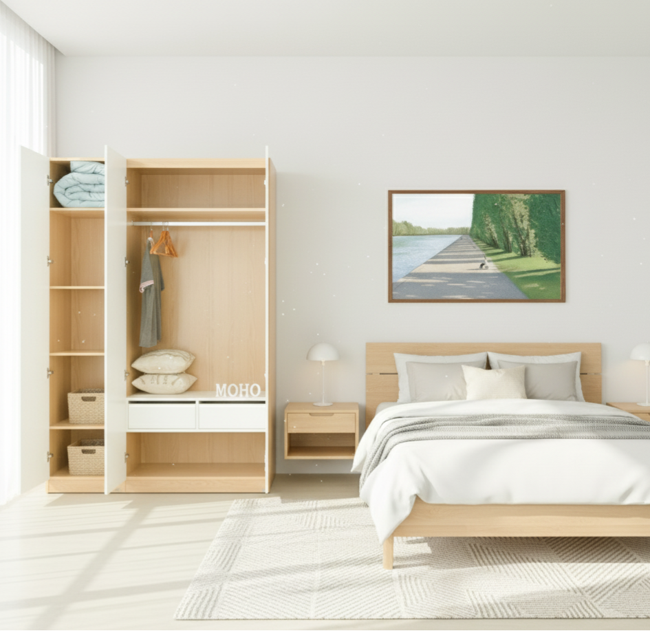 MOHO VLINE 1.5m Natural Wood Bed & VIENNA 3-Door Wardrobe Combo