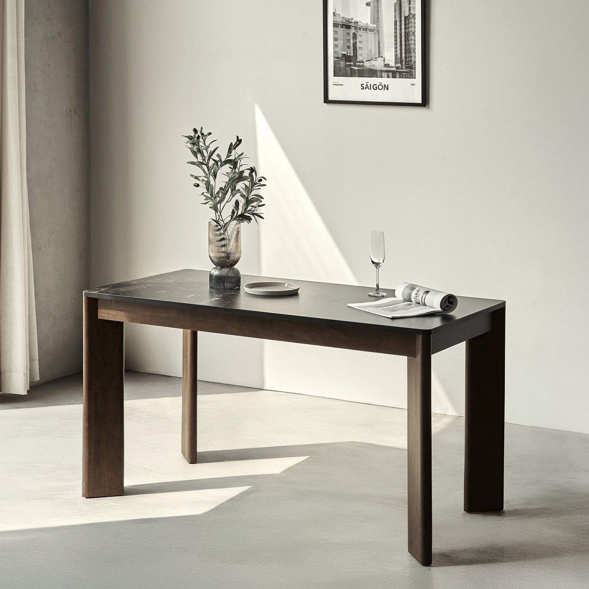 SCANIA 140cm Modern Faux Marble Top Dining Table - Natural Rubberwood Brown