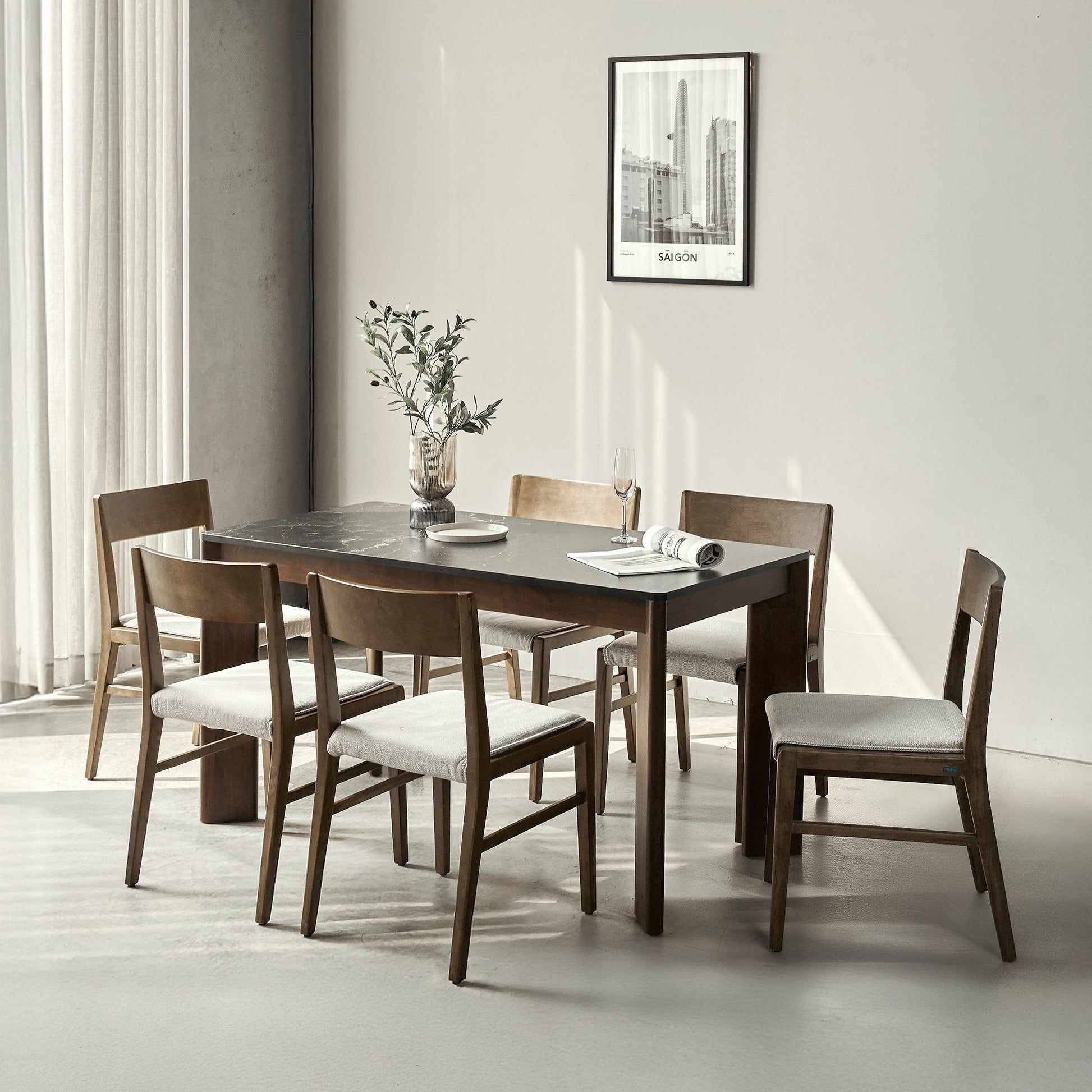 SCANIA 140cm Modern Faux Marble Top Dining Table - Natural Rubberwood Brown