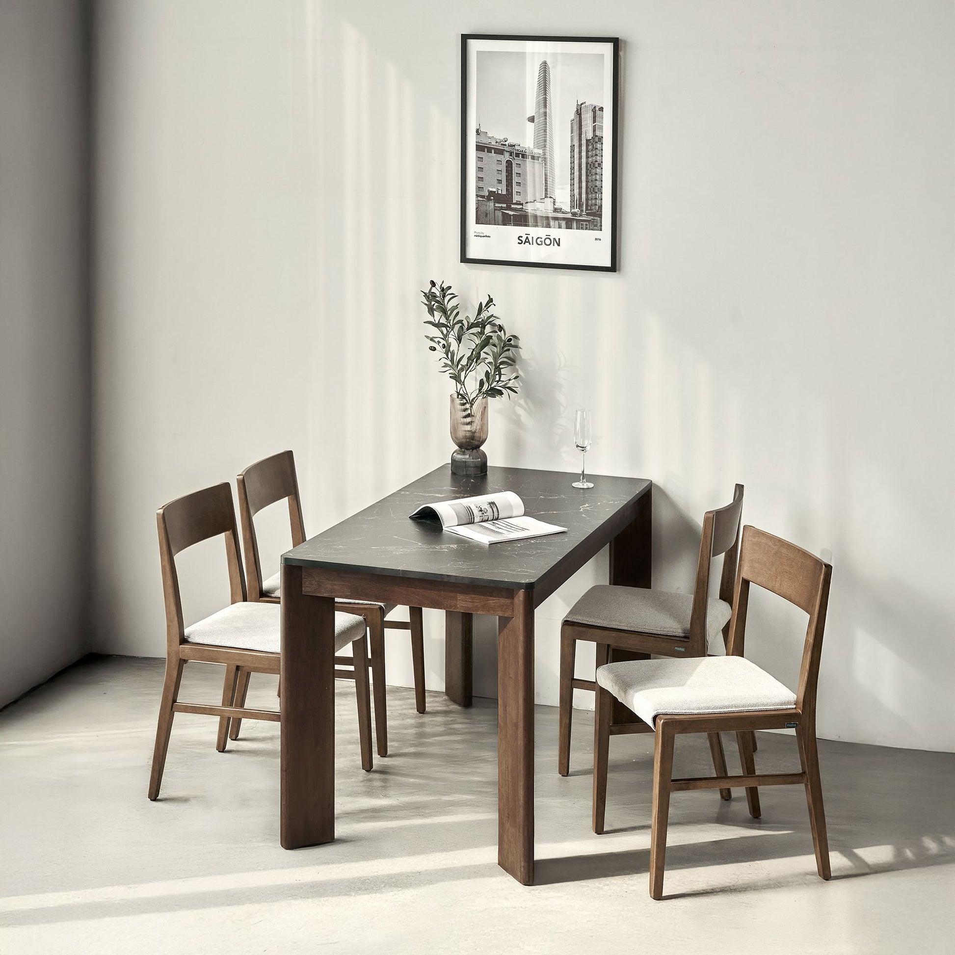 SCANIA 140cm Modern Faux Marble Top Dining Table - Natural Rubberwood Brown