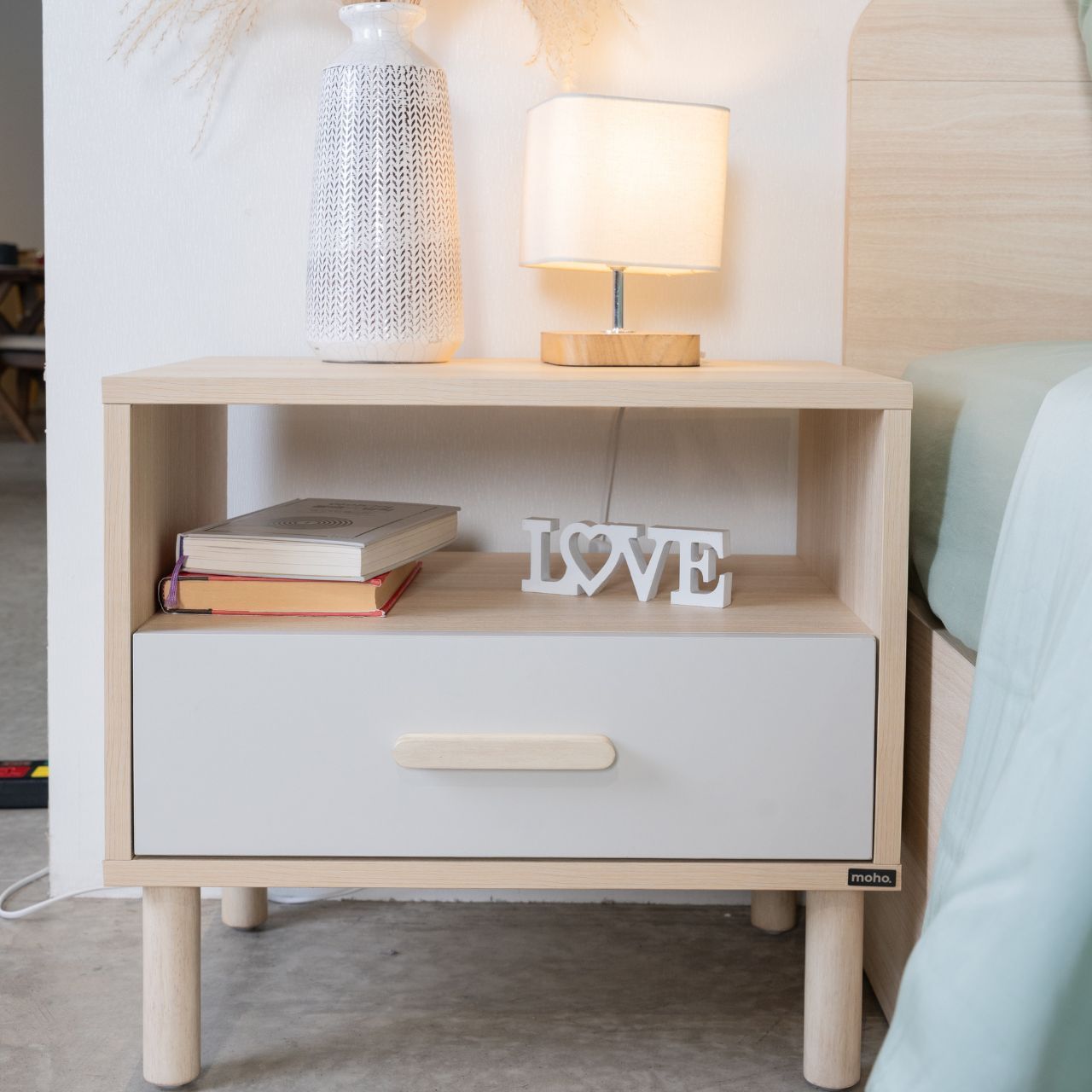 Narvik 201 Basic Bedroom Set: Natural Wood Bed, Nightstand, Scandinavian Style, Space-Saving