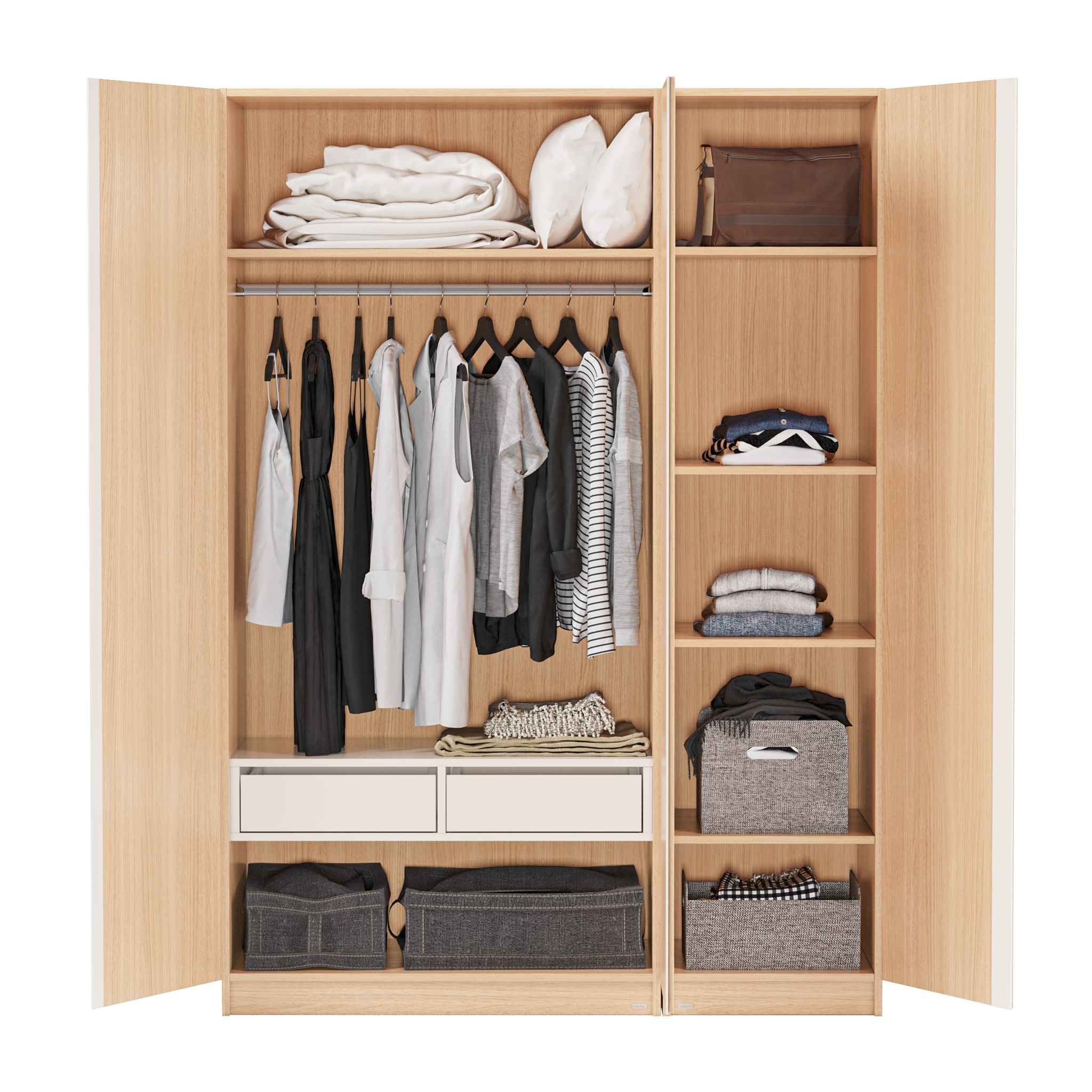 MOHO VLINE 1.5m Natural Wood Bed & VIENNA 3-Door Wardrobe Combo