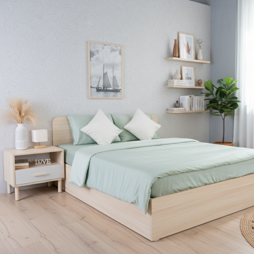 Narvik 201 Basic Bedroom Set: Natural Wood Bed, Nightstand, Scandinavian Style, Space-Saving