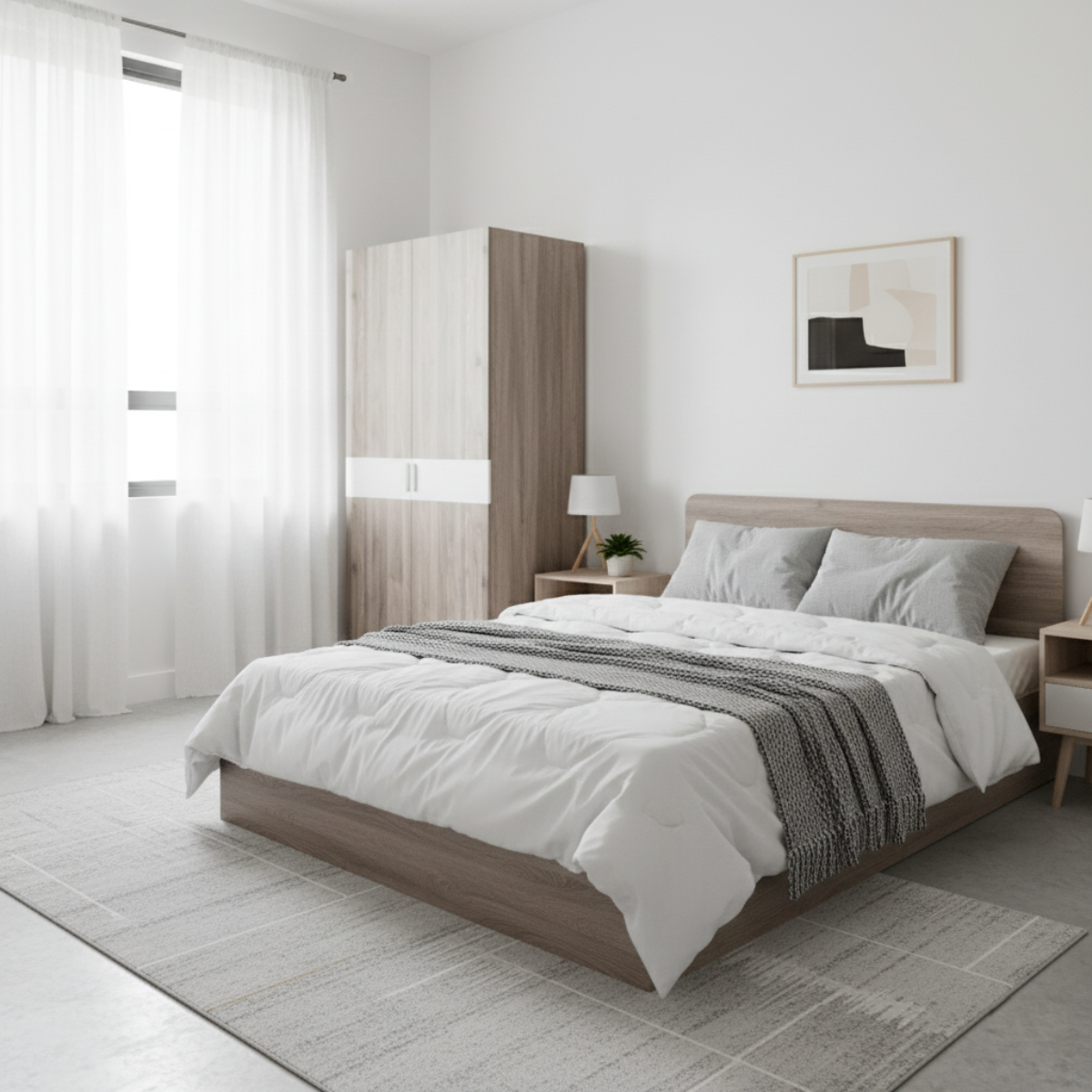 Narvik 201 Brown Nordic Bedroom Furniture Set - Bed, Nightstand, Wardrobe