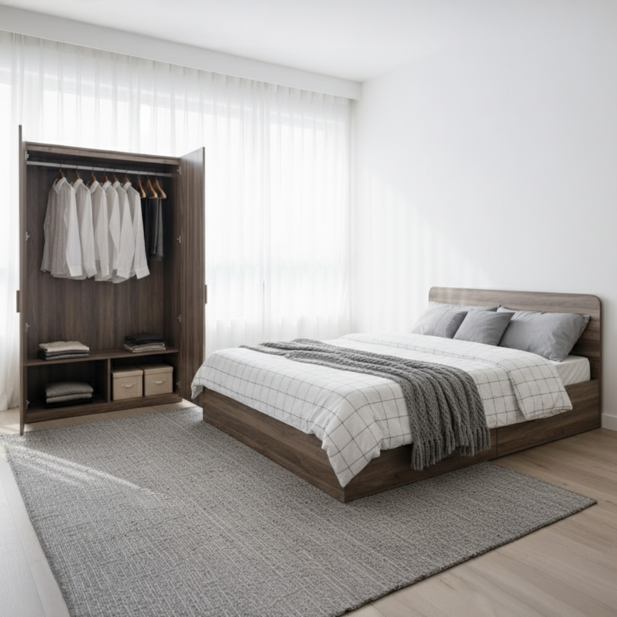 Narvik 201 Brown Nordic Bedroom Furniture Set - Bed, Nightstand, Wardrobe