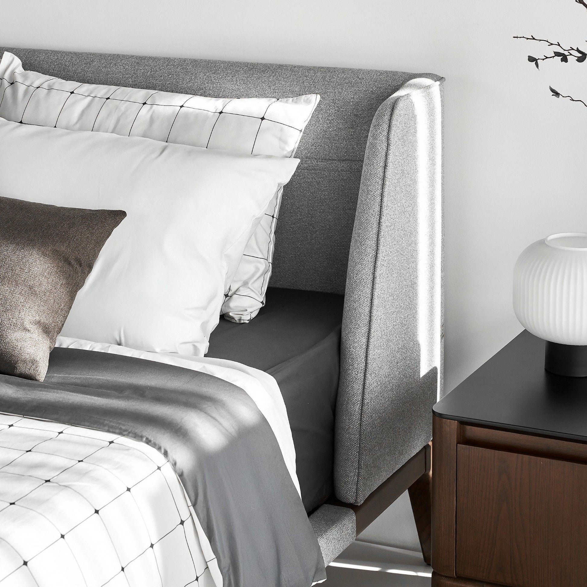 SCARLET Italian Design Fabric Bed, Ash Wood Frame, Integrated Storage Headboard