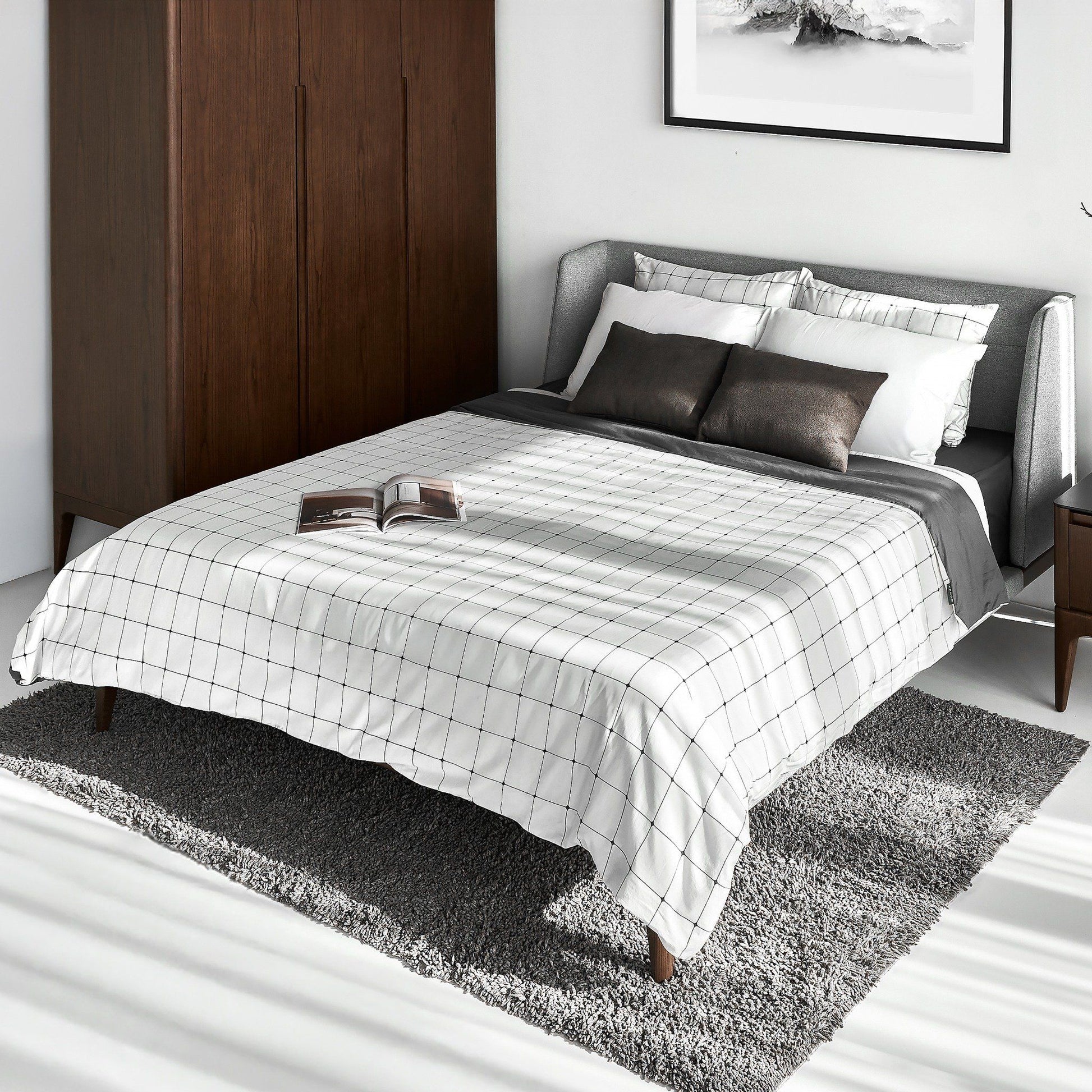 SCARLET Italian Design Fabric Bed, Ash Wood Frame, Integrated Storage Headboard