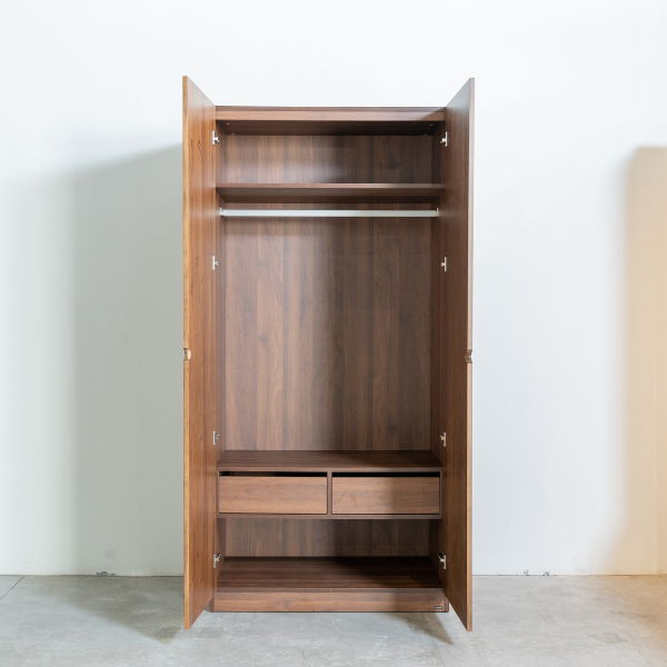 HOBRO 301 Two-Door Wooden Wardrobe Cabinet with Storage, Brown Finish