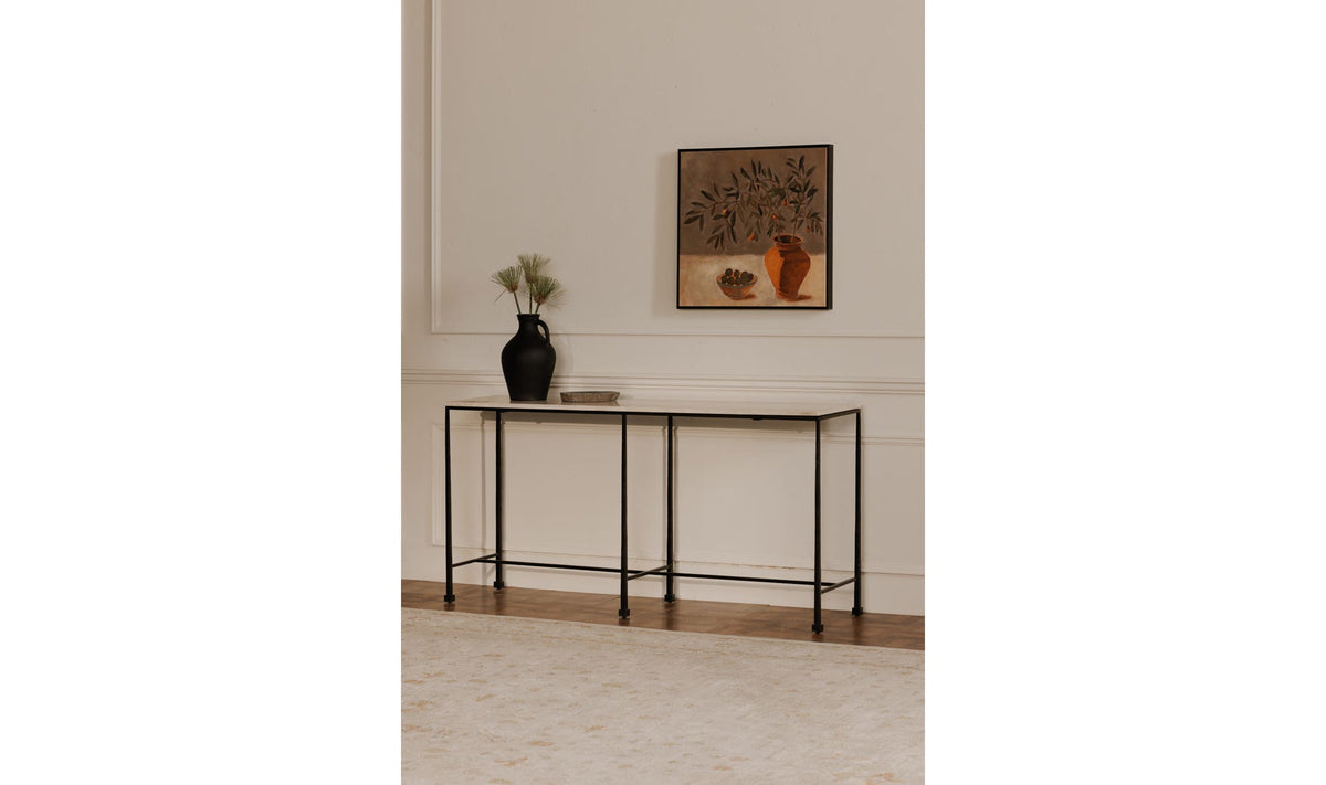 Roscoff Console Table in Botticino Marble, styled in a living room, view 2