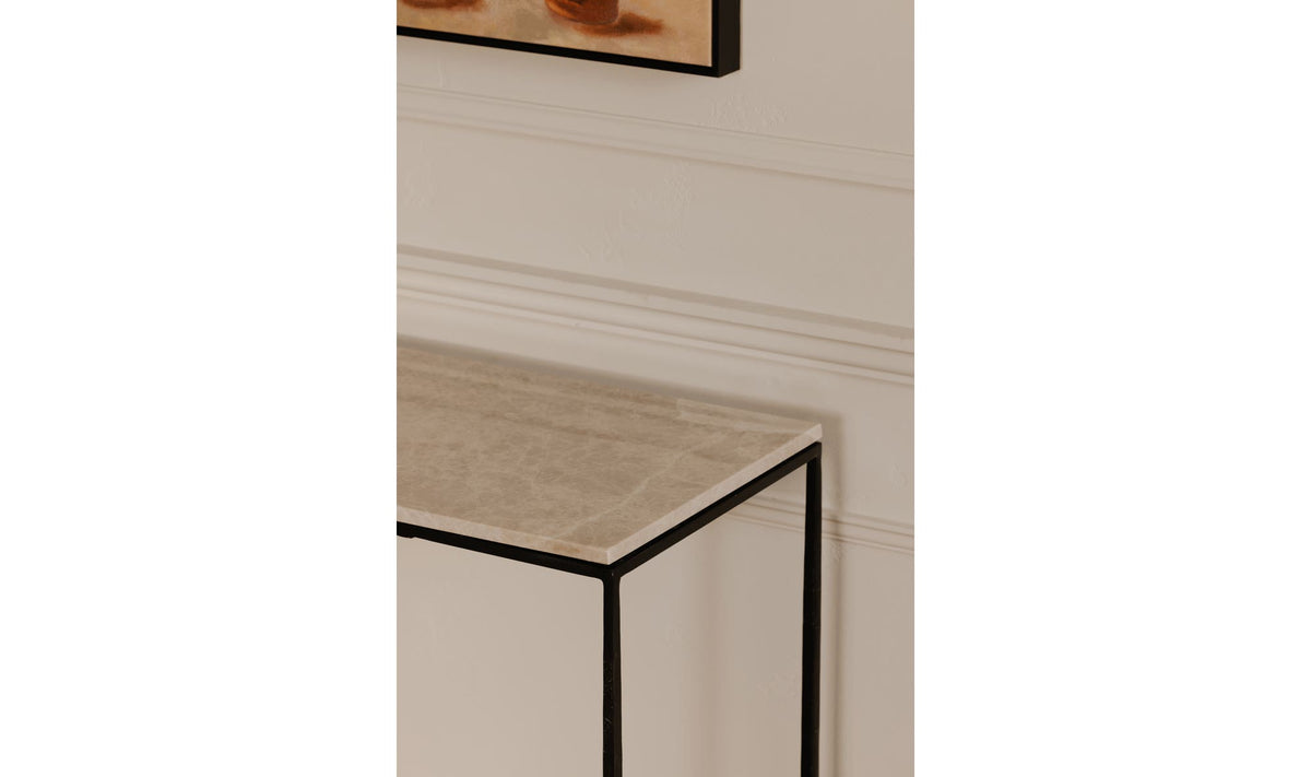Roscoff Console Table in Botticino Marble, styled in a living room, view 3