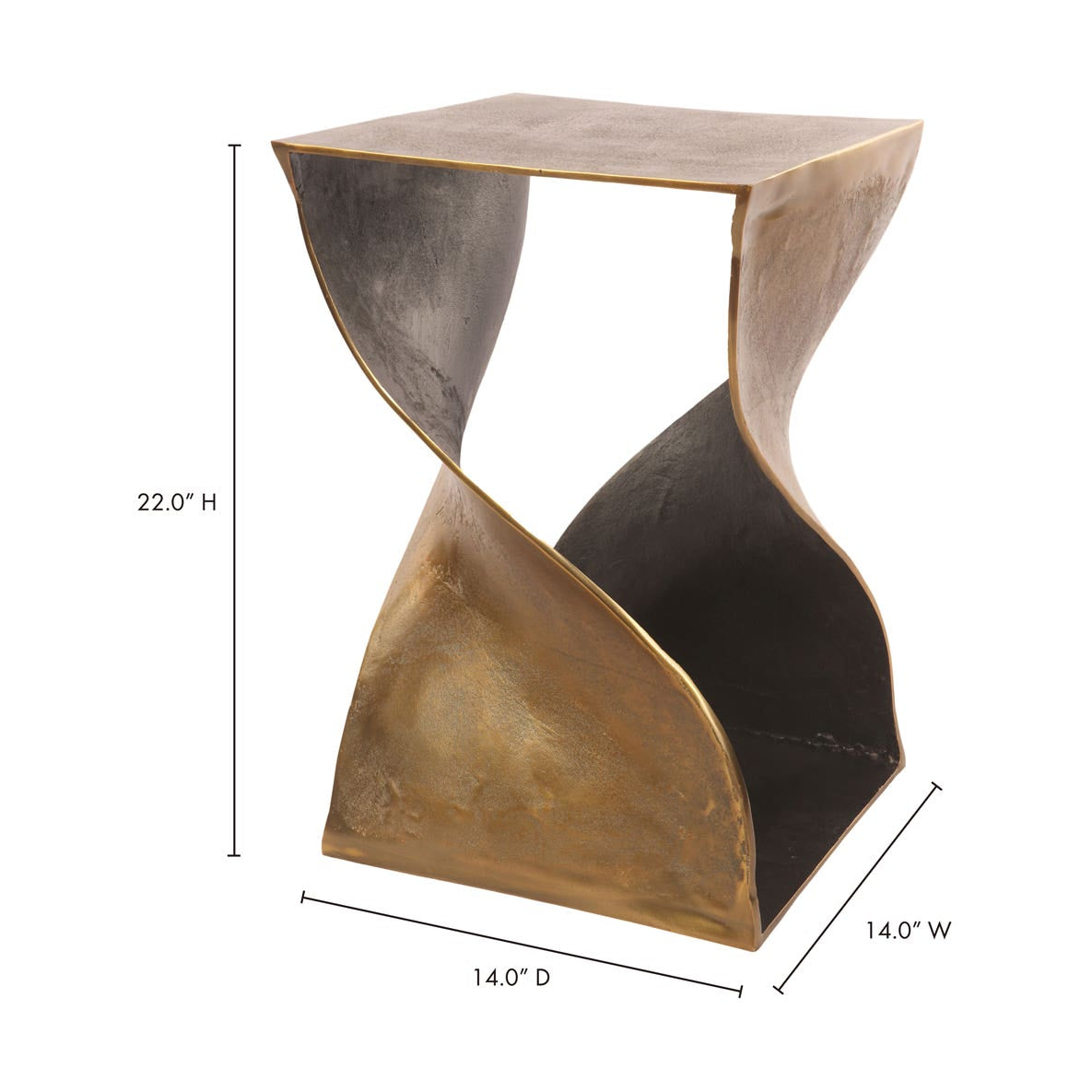 Thurso Accent Table in Brass — dimensions diagram, 14" × 14"