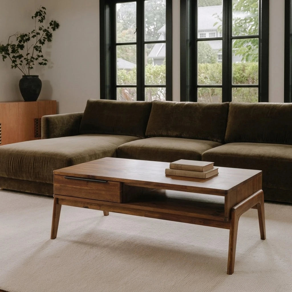 Radley Coffee Table in solid acacia with drawer and open shelf in a living room