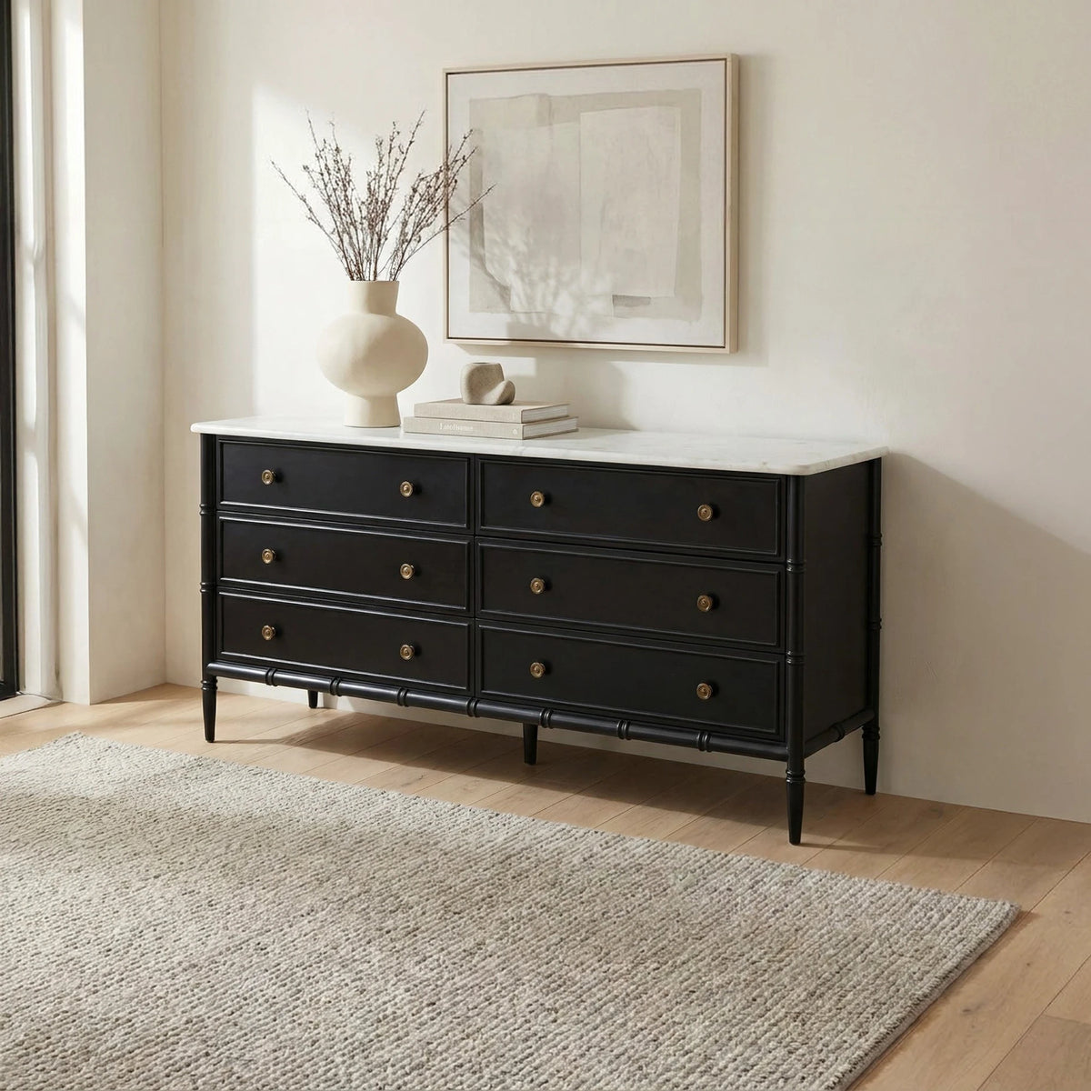 Eastport 6 Drawer Dresser in Black, styled in a living room