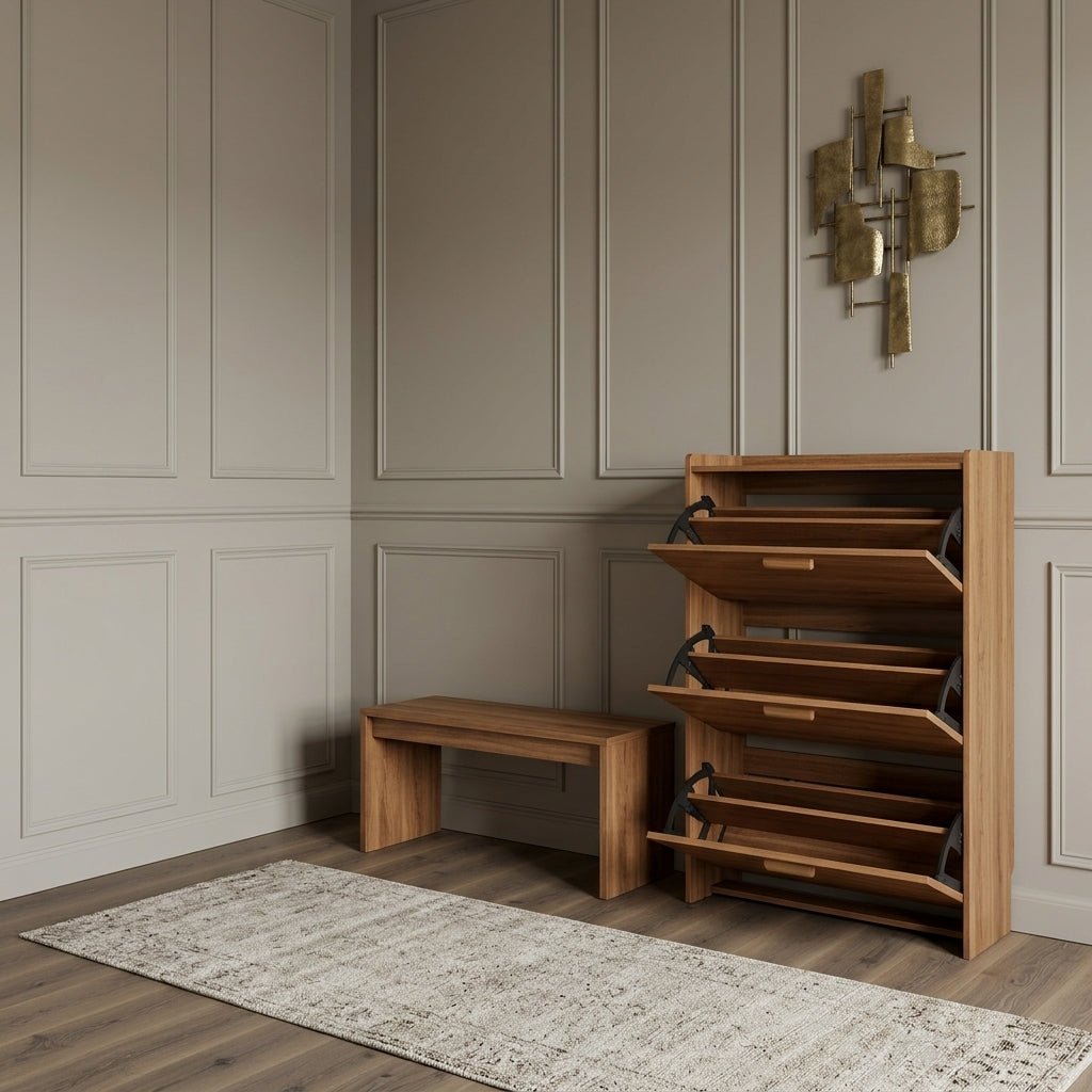 SC54 Natural Wood Brown Shoe Cabinet 80cm with tilt-out drawers — Altera Home Design Canada