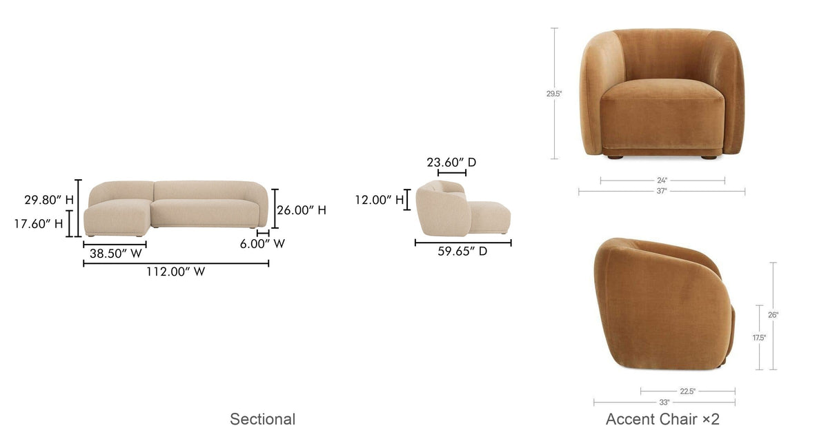Left Facing Sectional + 2 Accent Chairs dimensions