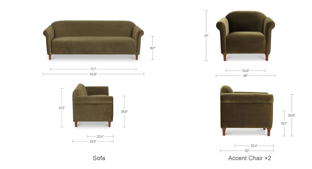 Sofa + 2 Accent Chairs dimensions