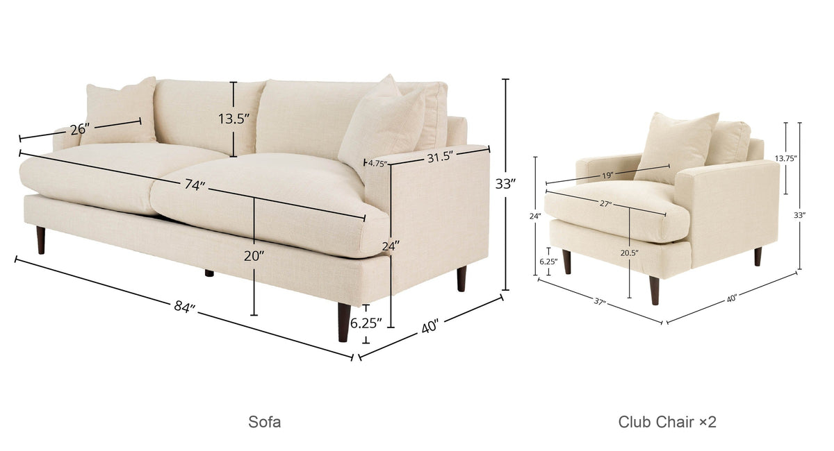 Sofa + 2 Club Chairs dimensions