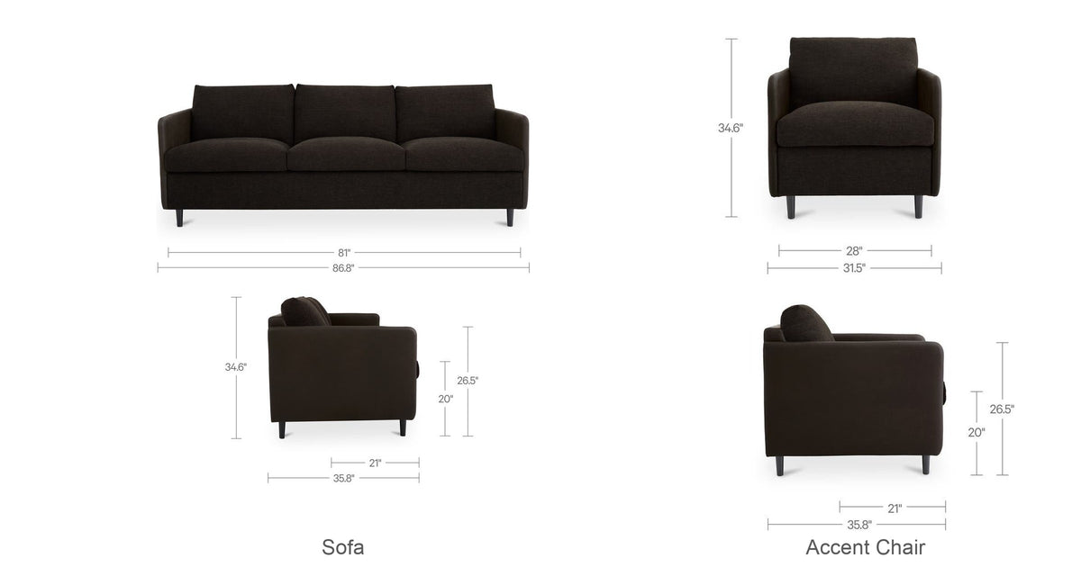 Warm Black / Sofa + 1 Accent Chair dimensions
