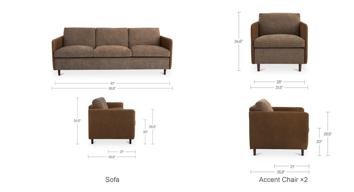 Brown / Sofa + 2 Accent Chairs dimensions