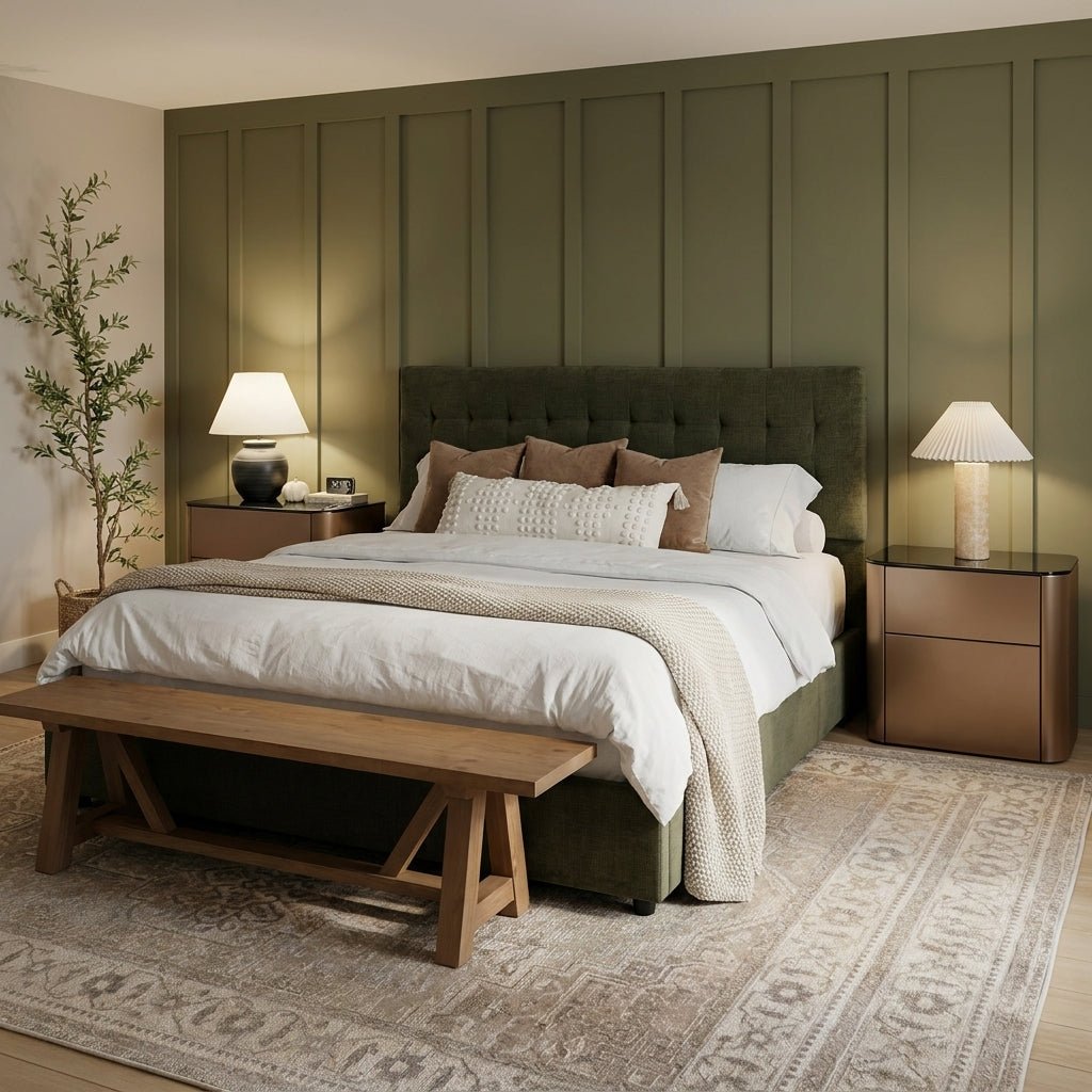Dark Olive Green Sovereign Storage Bed Green / Queen / 0 Nightstands,Green / Queen / 1 Nightstand,Green / Queen / 2 Nightstands,Green / King / 0 Nightstands,Green / King / 1 Nightstand,Green / King / 2 Nightstands,Cream / Queen / 0 Nightstands,Cream / Queen / 1 Nightstand,Cream / Queen / 2 Nightstands,Cream / King / 0 Nightstands,Cream / King / 1 Nightstand,Cream / King / 2 Nightstands