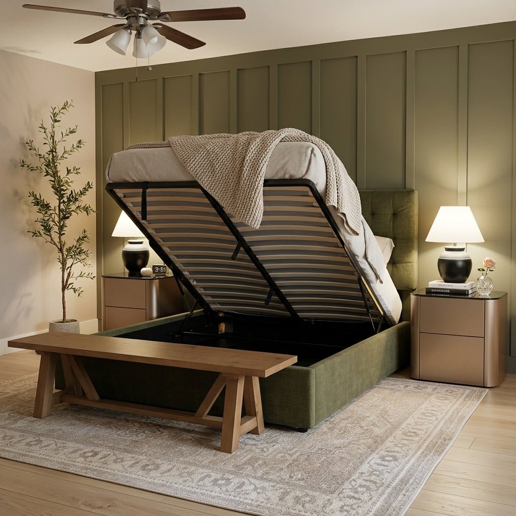 Dark Olive Green Sovereign Storage Bed Green / Queen / 0 Nightstands,Green / Queen / 1 Nightstand,Green / Queen / 2 Nightstands,Green / King / 0 Nightstands,Green / King / 1 Nightstand,Green / King / 2 Nightstands,Cream / Queen / 0 Nightstands,Cream / Queen / 1 Nightstand,Cream / Queen / 2 Nightstands,Cream / King / 0 Nightstands,Cream / King / 1 Nightstand,Cream / King / 2 Nightstands