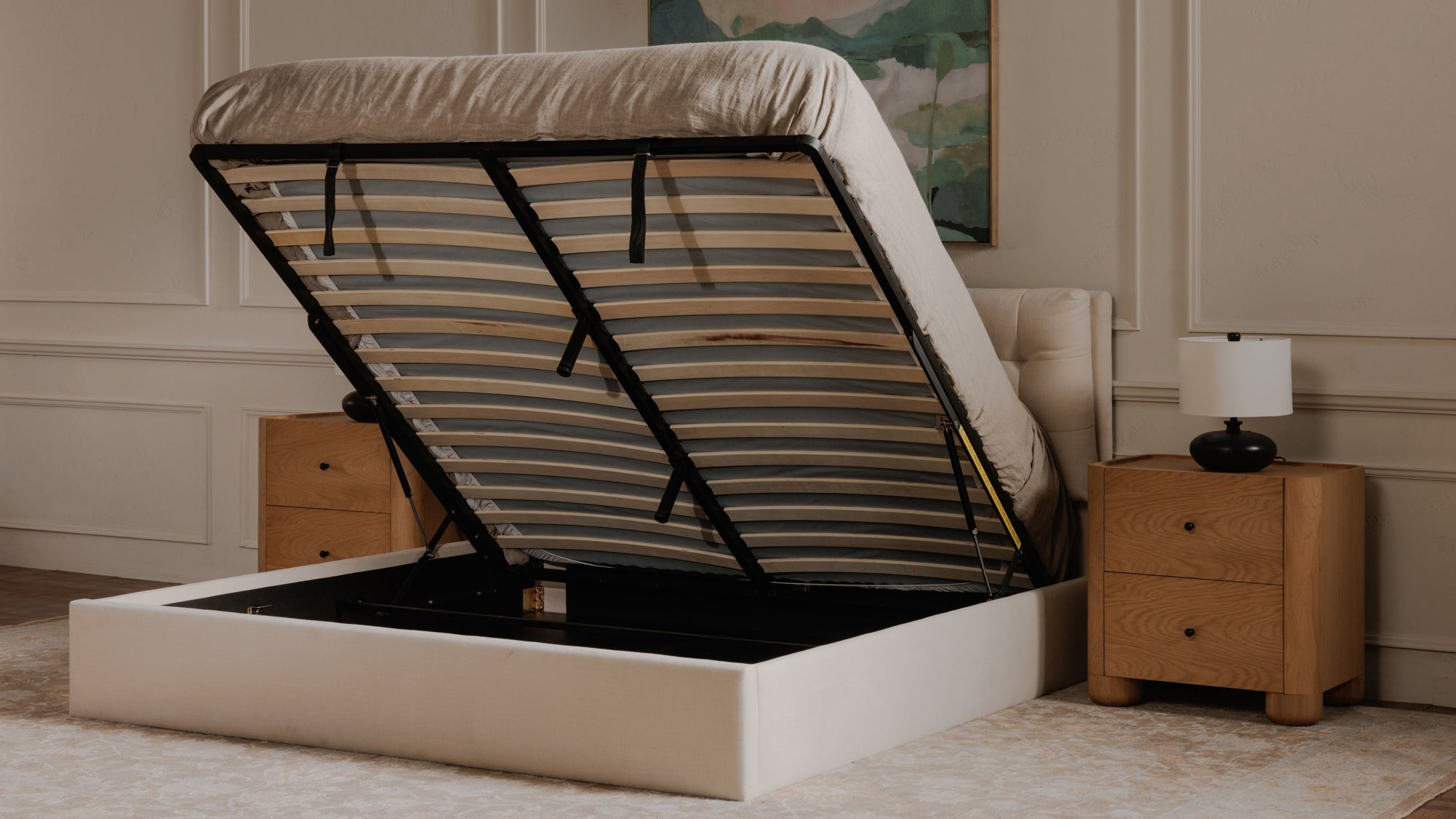 Dim Gray Sovereign Storage Bed Green / Queen / 0 Nightstands,Green / Queen / 1 Nightstand,Green / Queen / 2 Nightstands,Green / King / 0 Nightstands,Green / King / 1 Nightstand,Green / King / 2 Nightstands,Cream / Queen / 0 Nightstands,Cream / Queen / 1 Nightstand,Cream / Queen / 2 Nightstands,Cream / King / 0 Nightstands,Cream / King / 1 Nightstand,Cream / King / 2 Nightstands