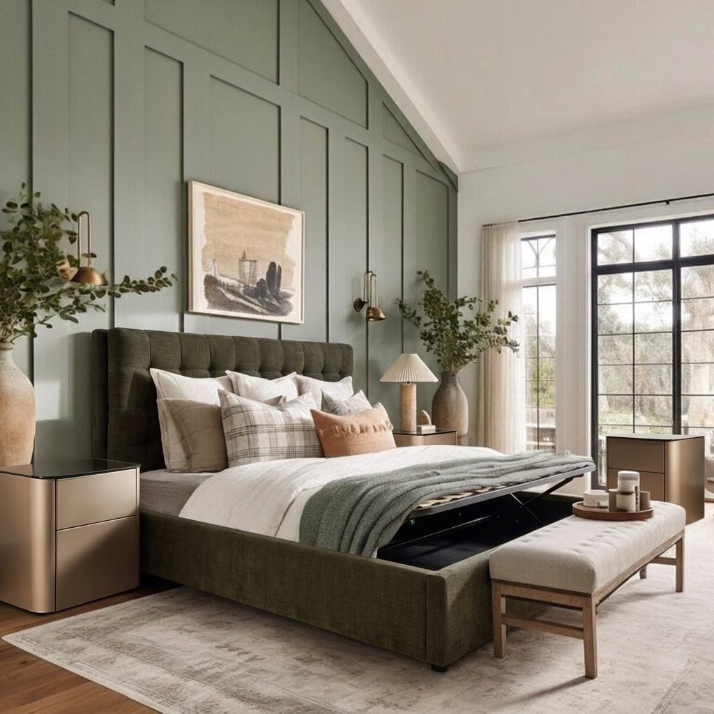 Dim Gray Sovereign Storage Bed Green / Queen / 0 Nightstands,Green / Queen / 1 Nightstand,Green / Queen / 2 Nightstands,Green / King / 0 Nightstands,Green / King / 1 Nightstand,Green / King / 2 Nightstands,Cream / Queen / 0 Nightstands,Cream / Queen / 1 Nightstand,Cream / Queen / 2 Nightstands,Cream / King / 0 Nightstands,Cream / King / 1 Nightstand,Cream / King / 2 Nightstands