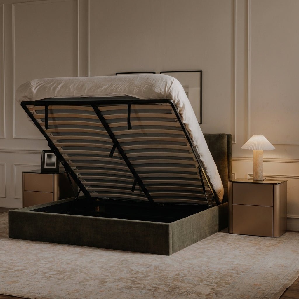 Dim Gray Sovereign Storage Bed Green / Queen / 0 Nightstands,Green / Queen / 1 Nightstand,Green / Queen / 2 Nightstands,Green / King / 0 Nightstands,Green / King / 1 Nightstand,Green / King / 2 Nightstands,Cream / Queen / 0 Nightstands,Cream / Queen / 1 Nightstand,Cream / Queen / 2 Nightstands,Cream / King / 0 Nightstands,Cream / King / 1 Nightstand,Cream / King / 2 Nightstands