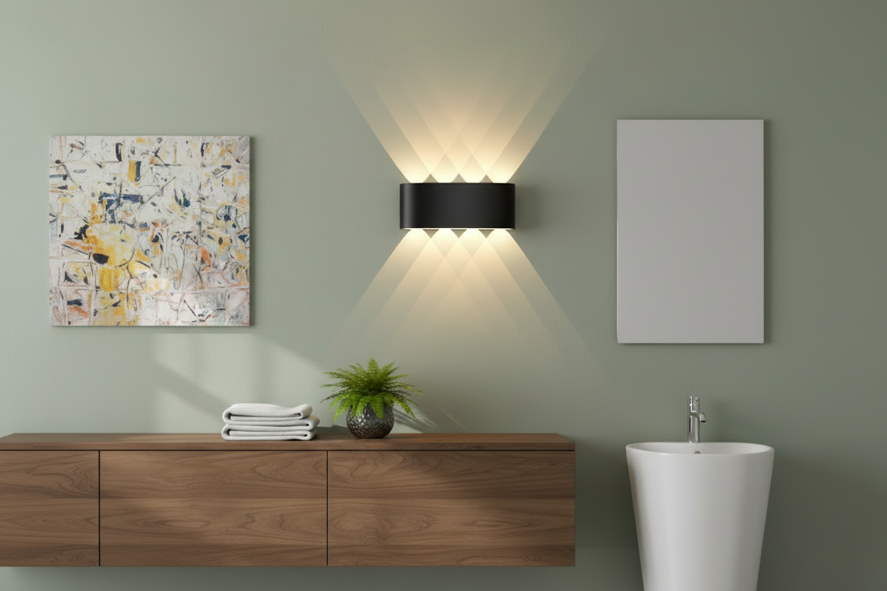 Modern bathroom interior with wooden vanity, white sink, and abstract art on a green wall.