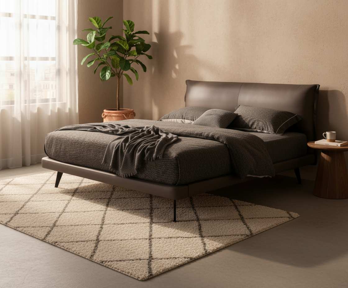 Aries Minimalist Brown Faux Leather King Bed