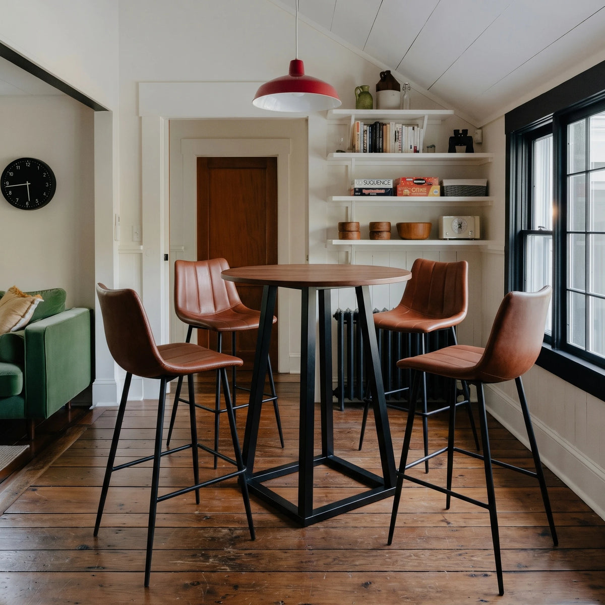 Thame Bar Table with 4 Arlo cognac leather bar stools in a cottage dining nook