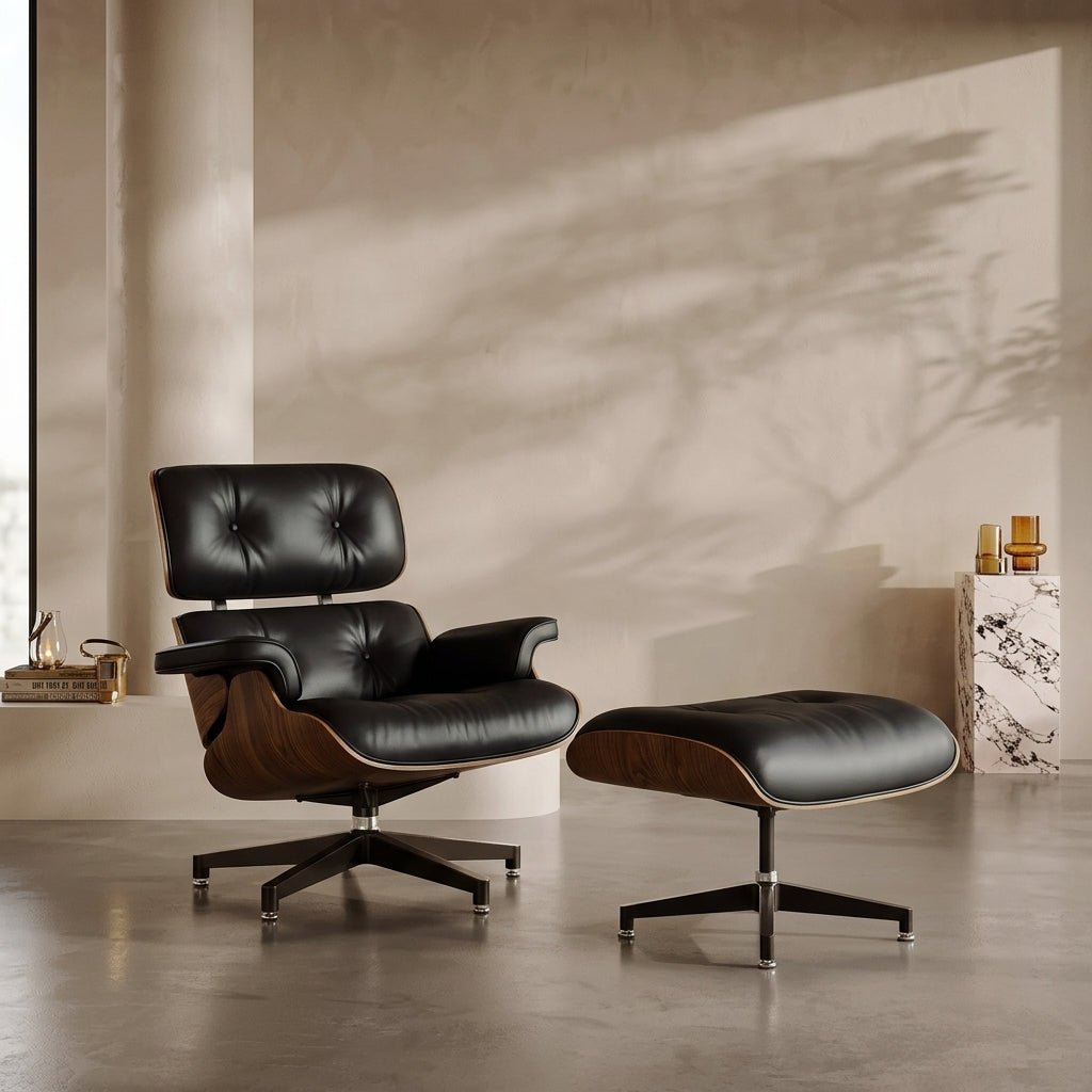Harold Modern Leisure Chair with walnut shell and leather upholstery — Altera Home Design Canada