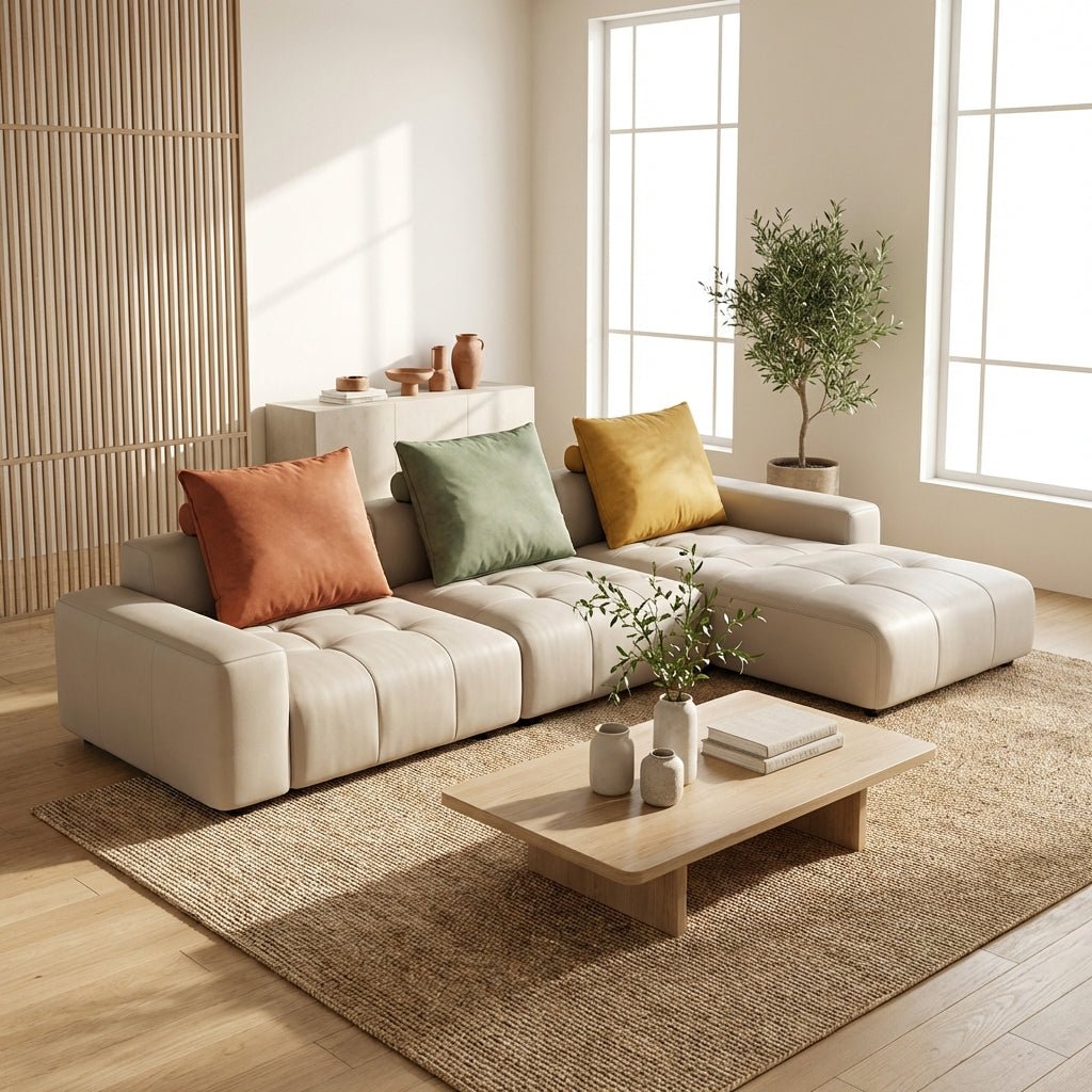 Le sectionnel modulaire urbain Milanese par Altera Home Design en beige dans un salon de style Japandi