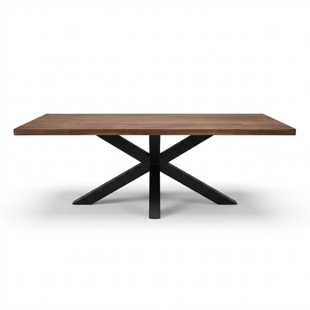 The Nara Matte Black Spider Leg Dining Table with Brown Acacia Wood Top - Altera