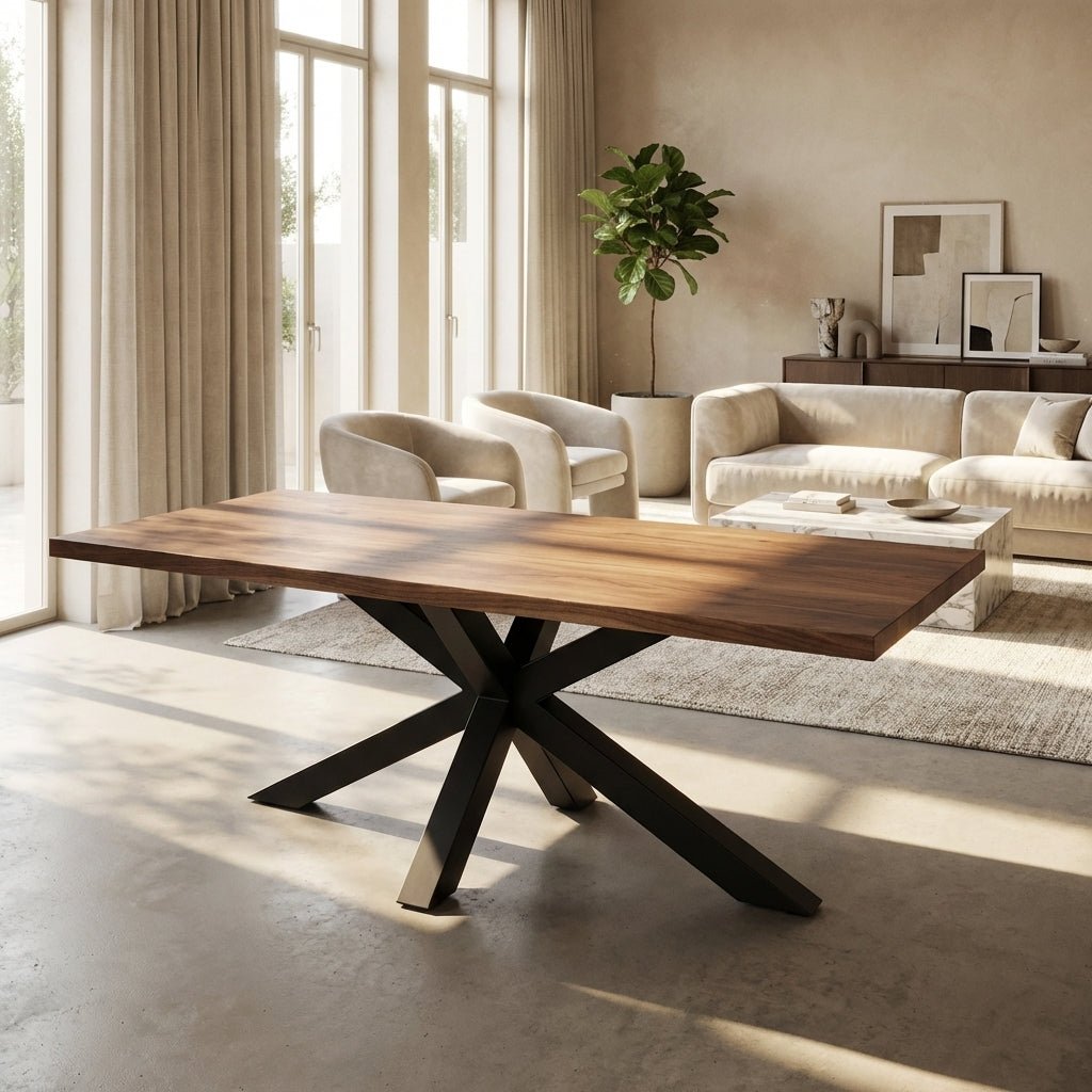 The Nara Matte Black Spider Leg Dining Table with Brown Acacia Wood Top - Altera