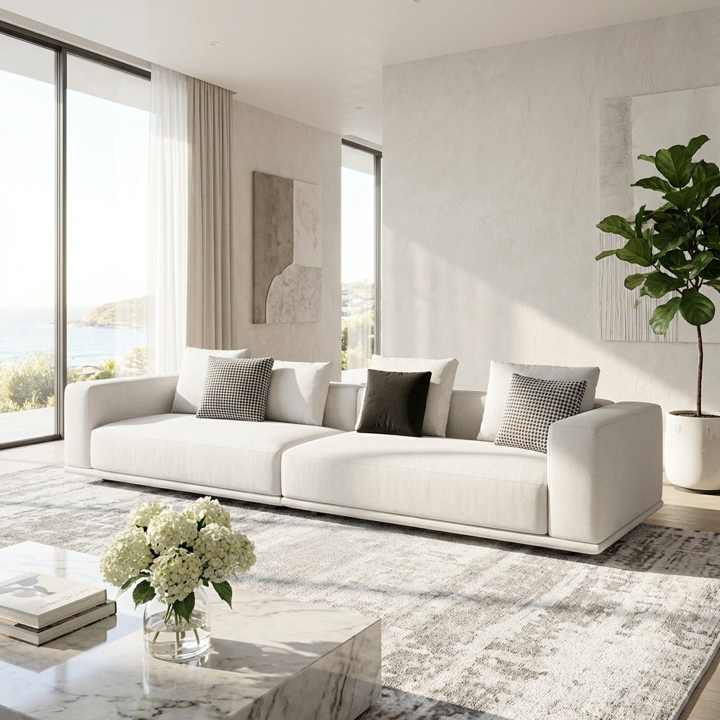 Le canapé en tissu coton et lin Nordic par Altera Home Design en blanc dans un salon de luxe