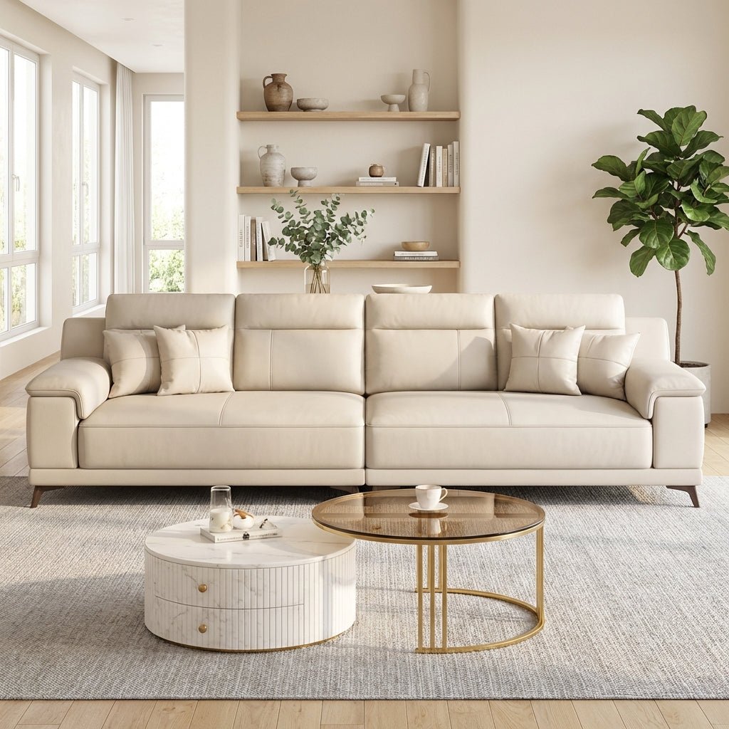 Le canapé en cuir résistant aux égratignures Ondine d'Altera Home Design en blanc cassé, présenté dans un salon moderne de style scandinave