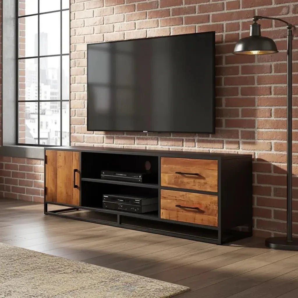 The Rawdon Mango Wood TV Unit with Black Steel Frame - Altera