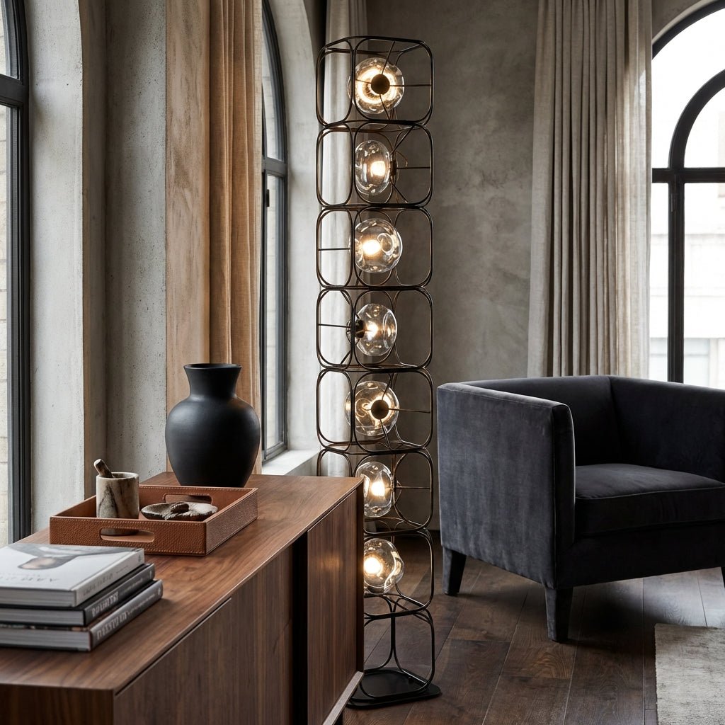 The Valletta Wrought Iron + Glass Floor Lamp - Altera