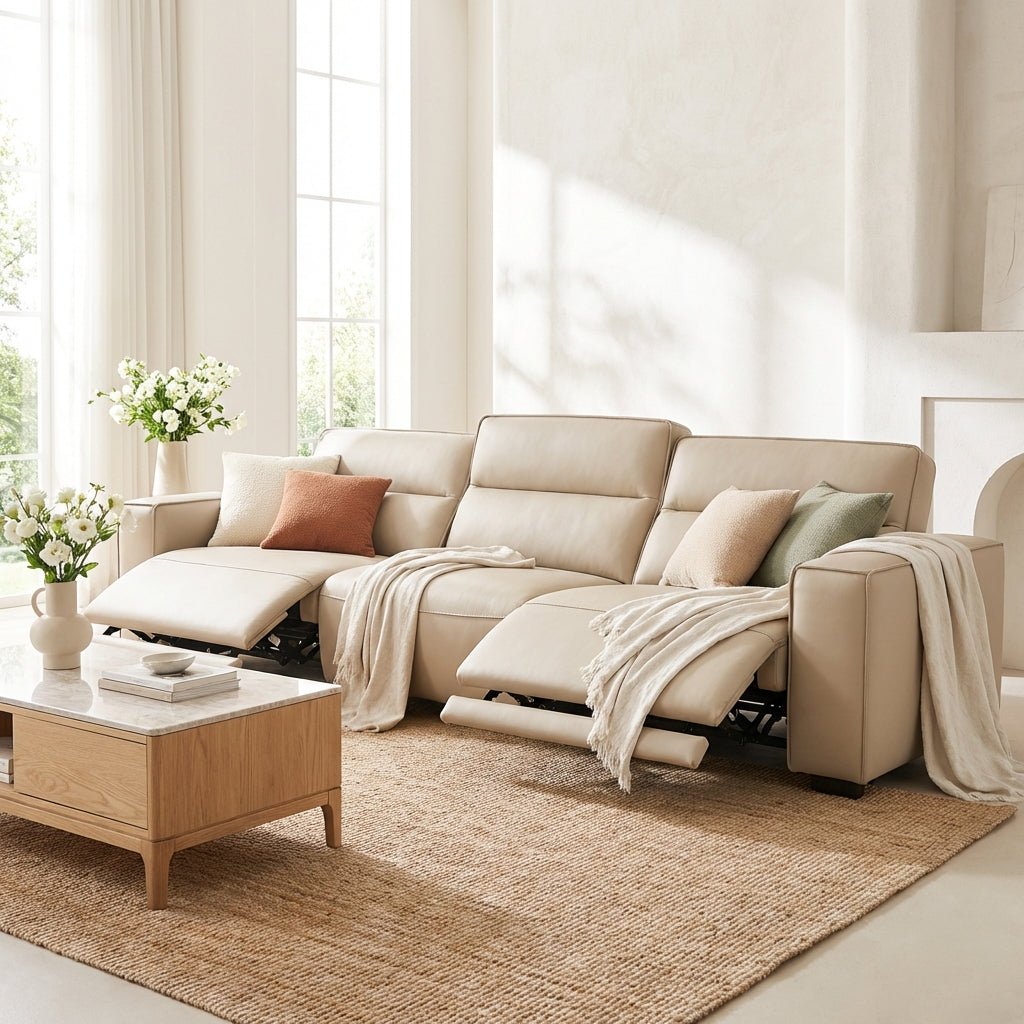 Le canapé inclinable en éco-cuir Vantaa d'Altera Home Design en crème avec sièges inclinables