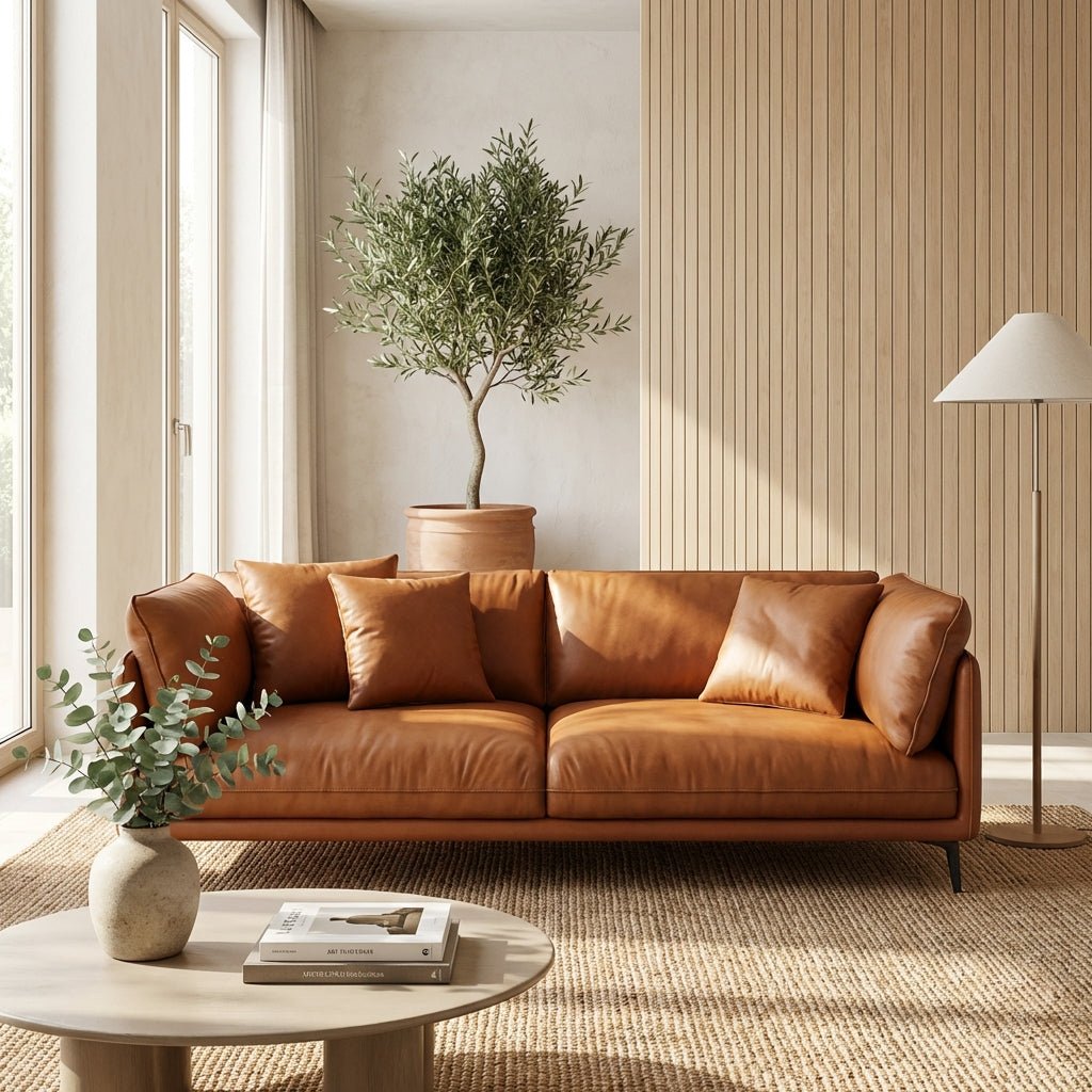 Le canapé en cuir Villach d'Altera Home Design en marron chaud, présenté dans un salon de style Japandi