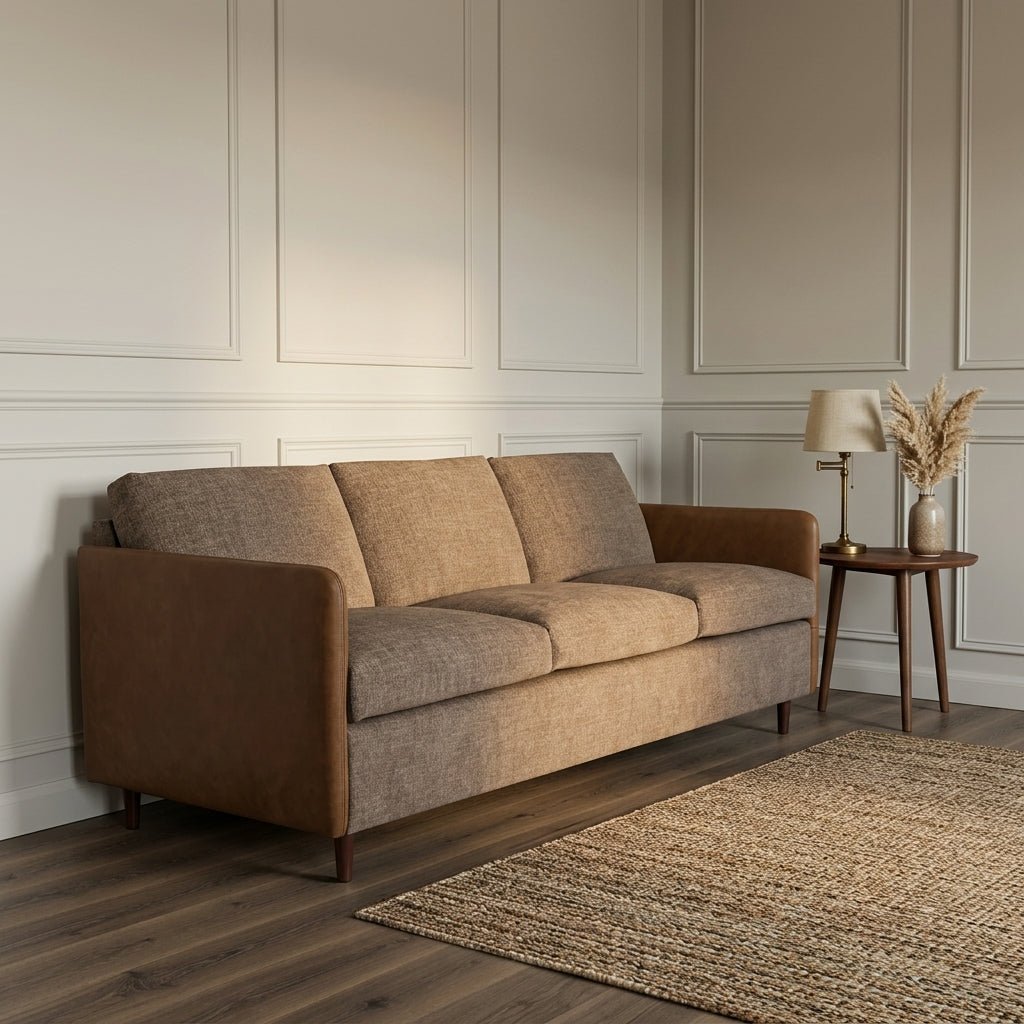 Tirana Sofa with flecked polyester seat and top-grain leather arms — Altera Home Design Canada