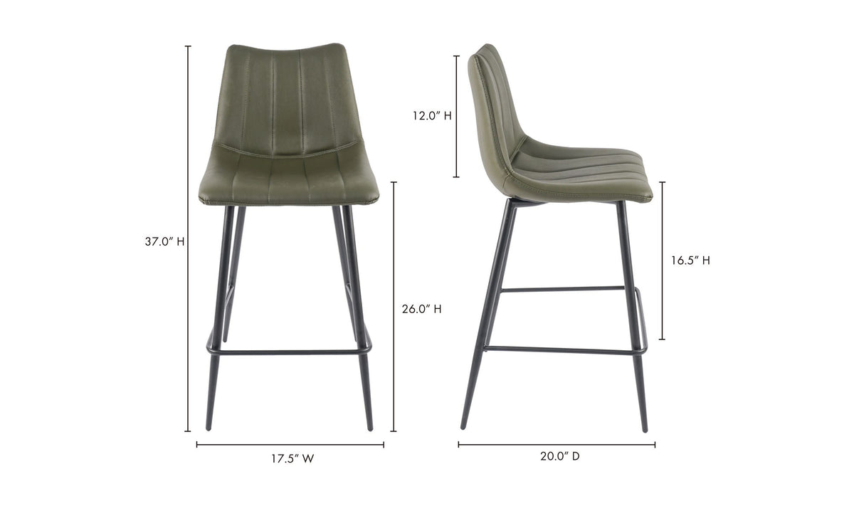 Aubusson Counter Stool Set of Two in Dark Green, dimensions diagram, 17¾" × 20"